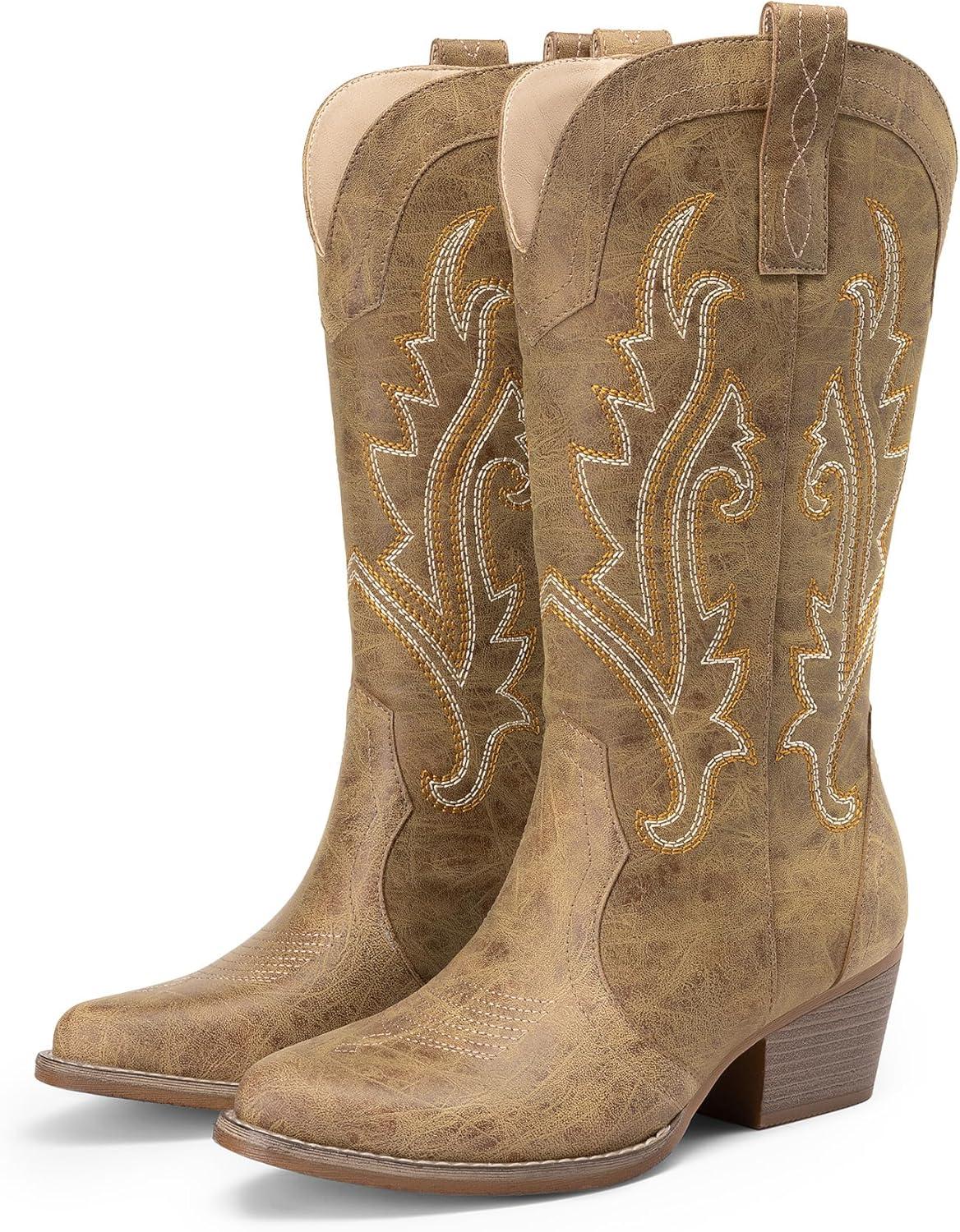 imageDREAM PAIRS Womens Cowboy Cowgirl Boots Embroidered Pointed Toe Low Heel Western Mid Calf Boot for Theme Party Country ConcertTan