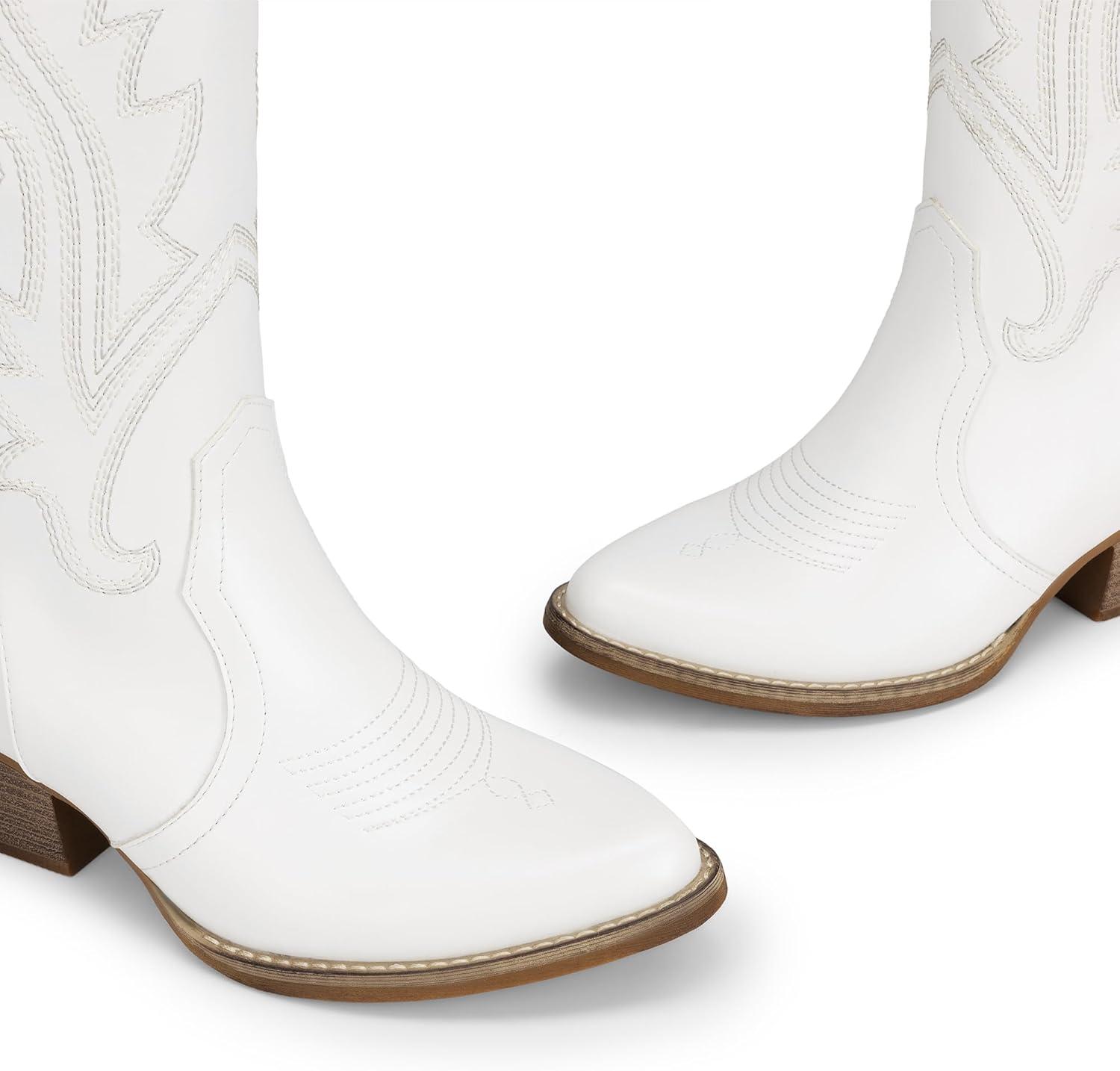 imageDREAM PAIRS Womens Cowboy Cowgirl Boots Embroidered Pointed Toe Low Heel Western Mid Calf Boot for Theme Party Country ConcertWhite