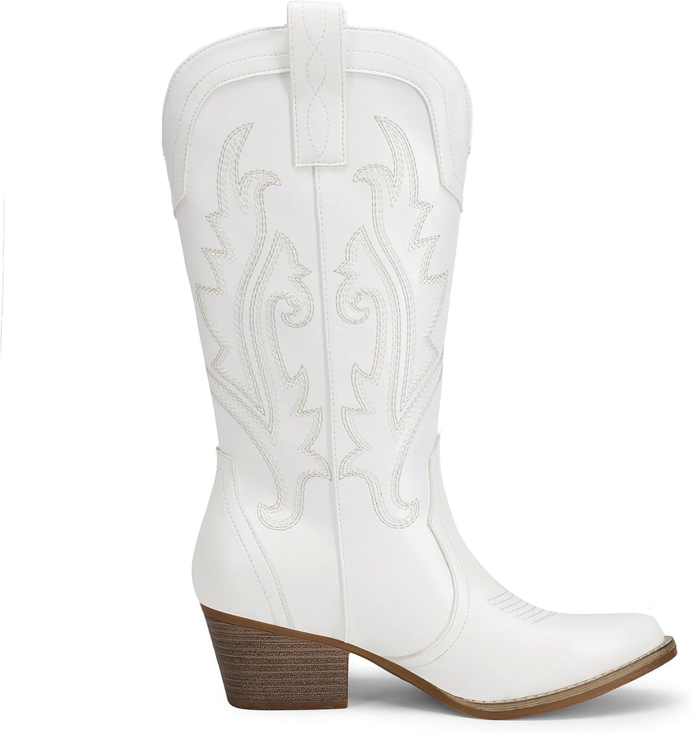 imageDREAM PAIRS Womens Cowboy Cowgirl Boots Embroidered Pointed Toe Low Heel Western Mid Calf Boot for Theme Party Country ConcertWhite