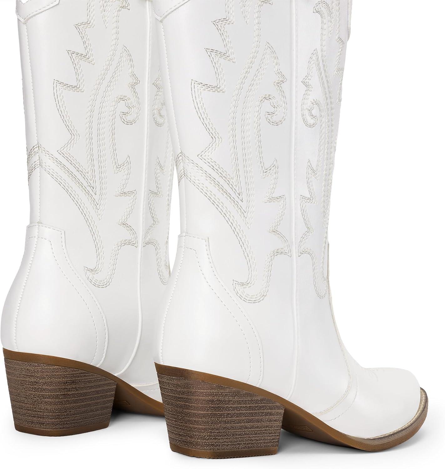 imageDREAM PAIRS Womens Cowboy Cowgirl Boots Embroidered Pointed Toe Low Heel Western Mid Calf Boot for Theme Party Country ConcertWhite