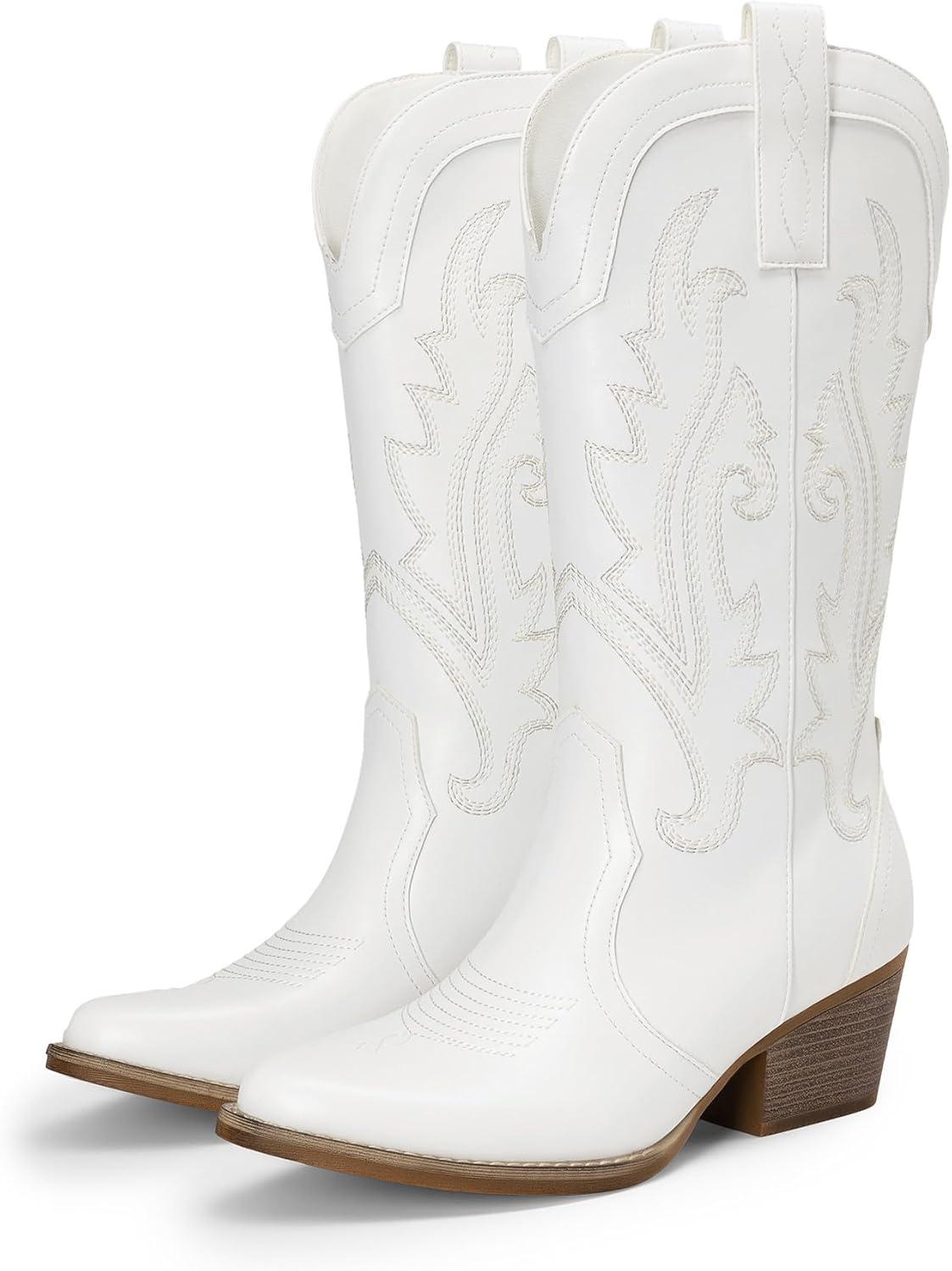 imageDREAM PAIRS Womens Cowboy Cowgirl Boots Embroidered Pointed Toe Low Heel Western Mid Calf Boot for Theme Party Country ConcertWhite