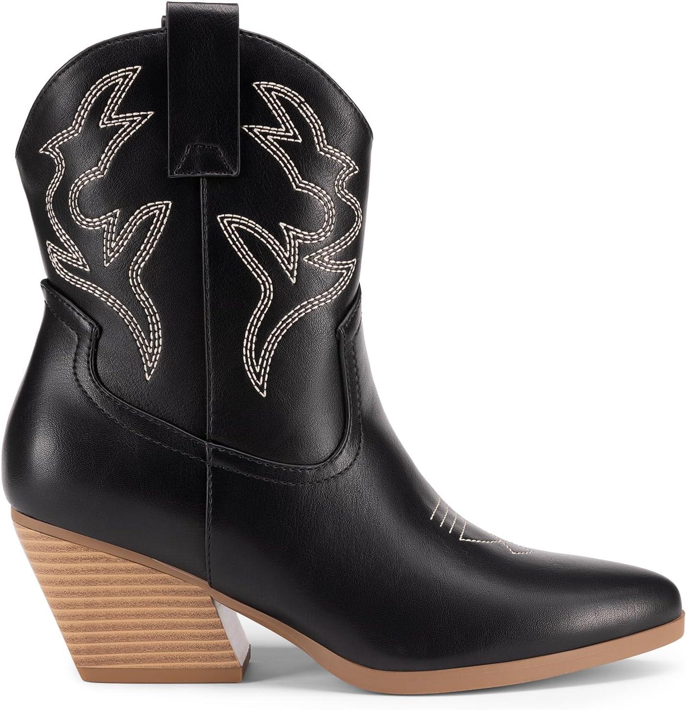 imageDREAM PAIRS Womens Cowboy Cowgirl Boots Embroidered Stitched Short Western Boots Low Chunky Heel Pointed Toe Ankle BootiesBlack