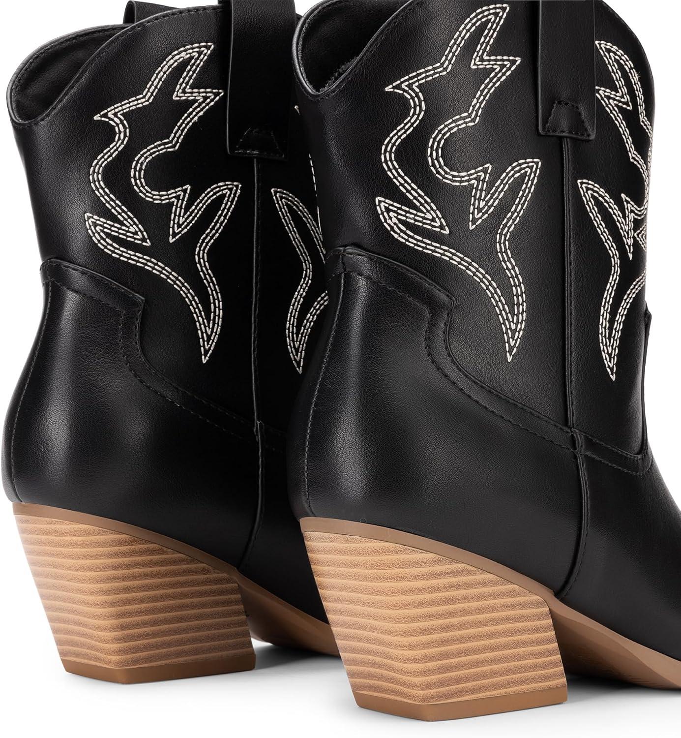 imageDREAM PAIRS Womens Cowboy Cowgirl Boots Embroidered Stitched Short Western Boots Low Chunky Heel Pointed Toe Ankle BootiesBlack