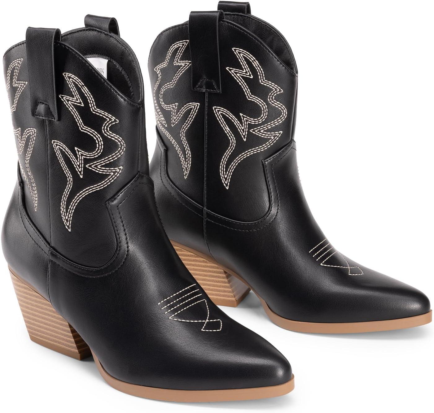 imageDREAM PAIRS Womens Cowboy Cowgirl Boots Embroidered Stitched Short Western Boots Low Chunky Heel Pointed Toe Ankle BootiesBlack