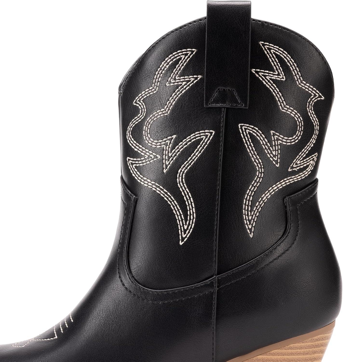 imageDREAM PAIRS Womens Cowboy Cowgirl Boots Embroidered Stitched Short Western Boots Low Chunky Heel Pointed Toe Ankle BootiesBlack