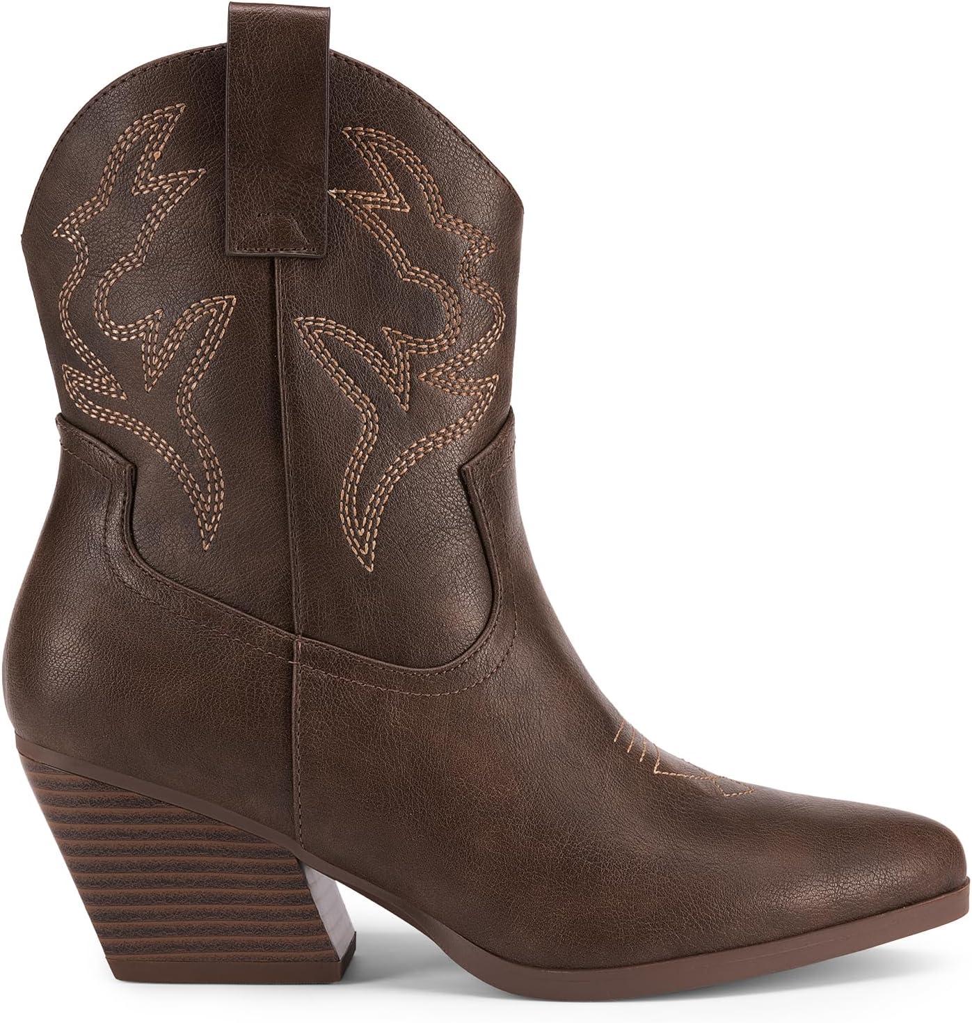 imageDREAM PAIRS Womens Cowboy Cowgirl Boots Embroidered Stitched Short Western Boots Low Chunky Heel Pointed Toe Ankle BootiesBrown