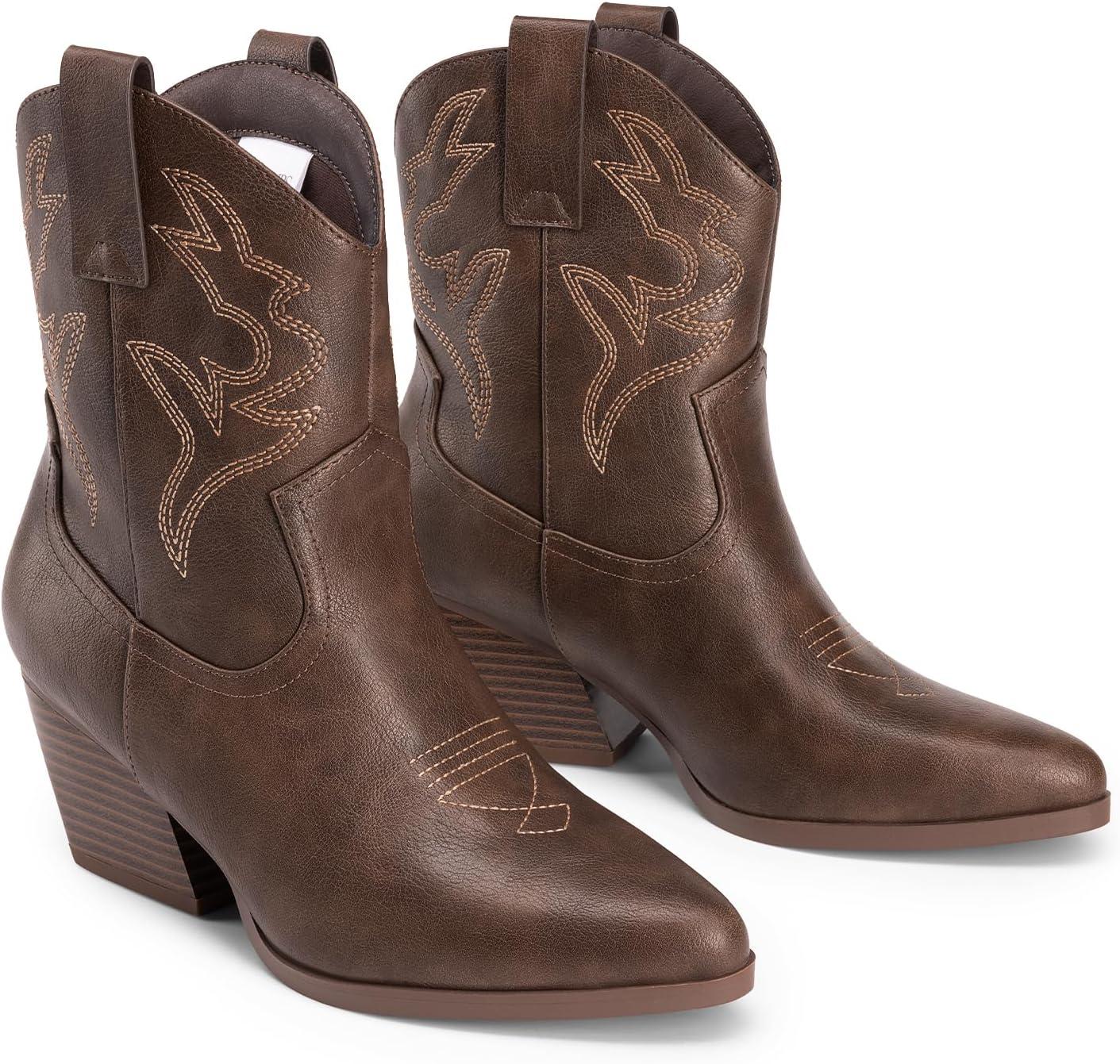 imageDREAM PAIRS Womens Cowboy Cowgirl Boots Embroidered Stitched Short Western Boots Low Chunky Heel Pointed Toe Ankle BootiesBrown