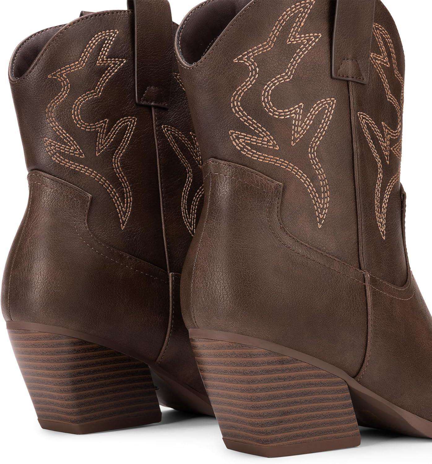 imageDREAM PAIRS Womens Cowboy Cowgirl Boots Embroidered Stitched Short Western Boots Low Chunky Heel Pointed Toe Ankle BootiesBrown