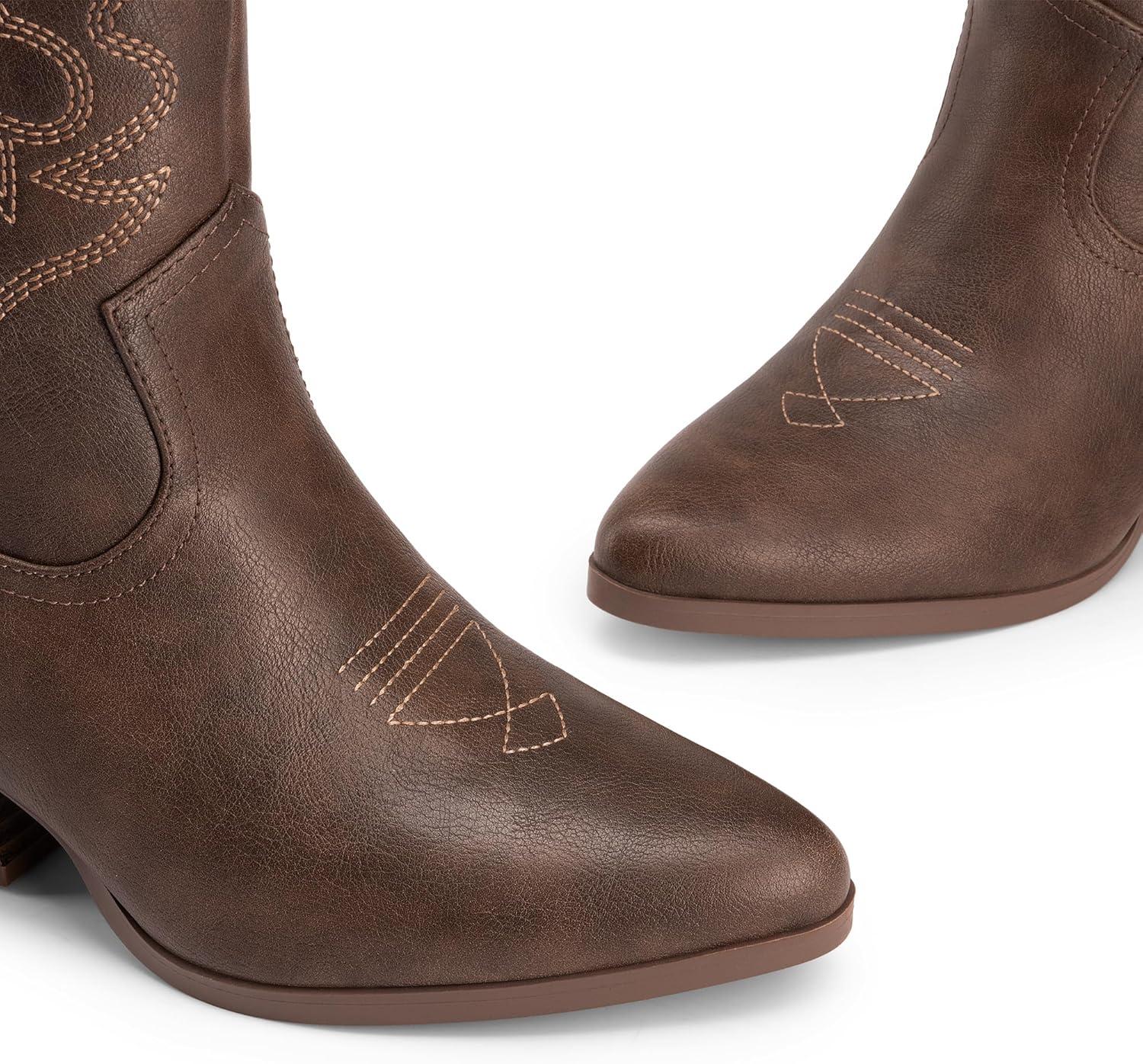 imageDREAM PAIRS Womens Cowboy Cowgirl Boots Embroidered Stitched Short Western Boots Low Chunky Heel Pointed Toe Ankle BootiesBrown