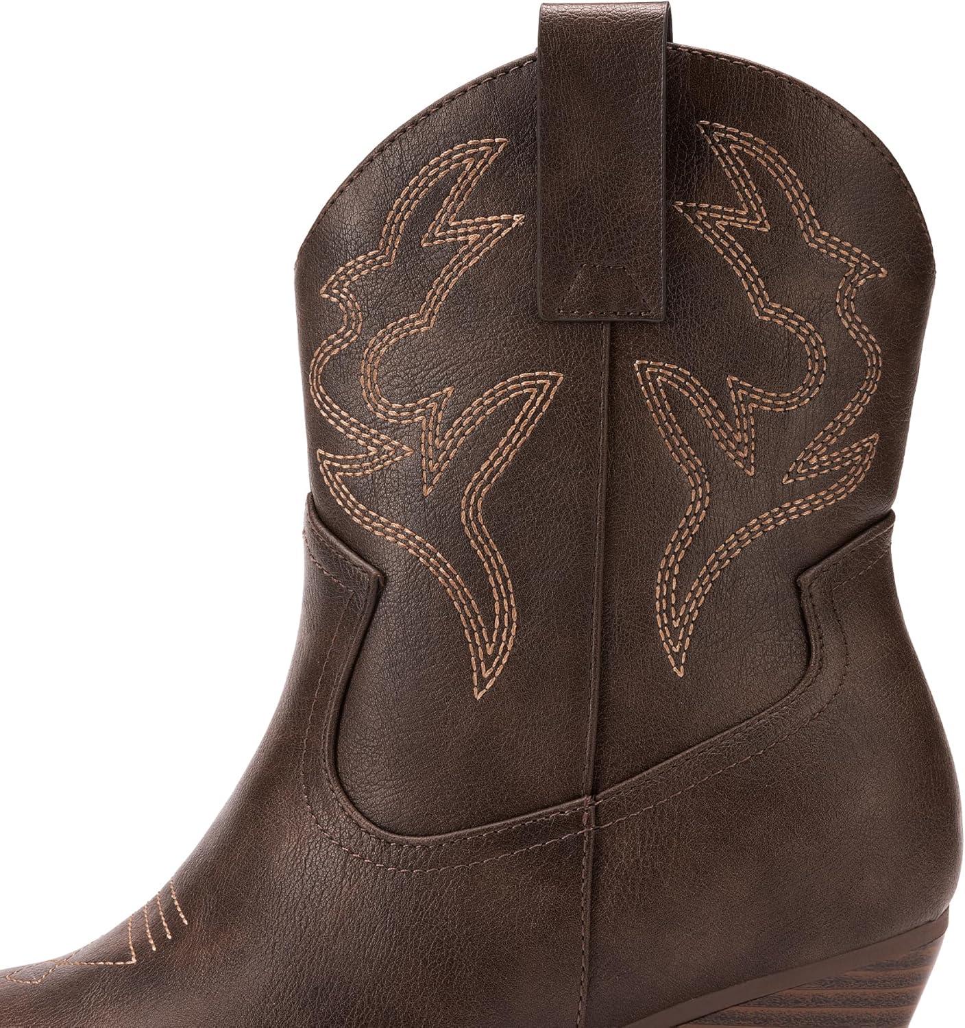 imageDREAM PAIRS Womens Cowboy Cowgirl Boots Embroidered Stitched Short Western Boots Low Chunky Heel Pointed Toe Ankle BootiesBrown