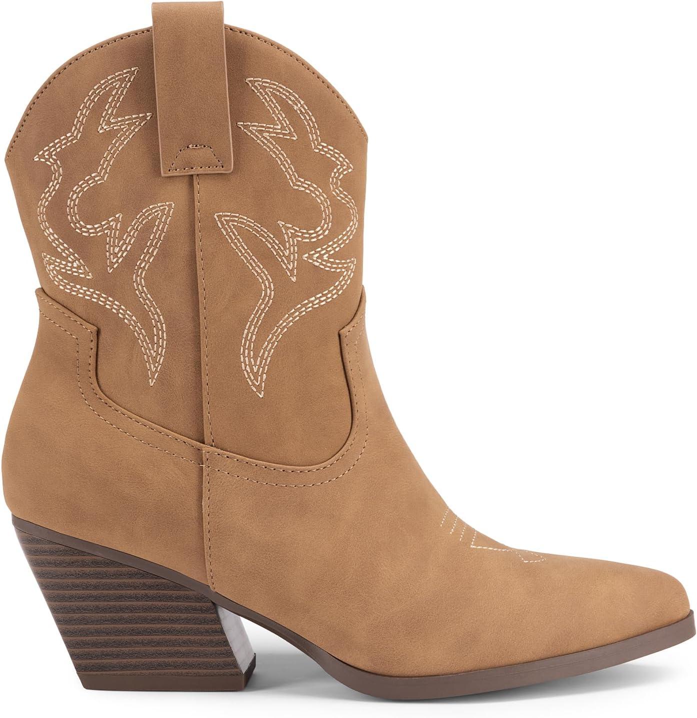 imageDREAM PAIRS Womens Cowboy Cowgirl Boots Embroidered Stitched Short Western Boots Low Chunky Heel Pointed Toe Ankle BootiesTan