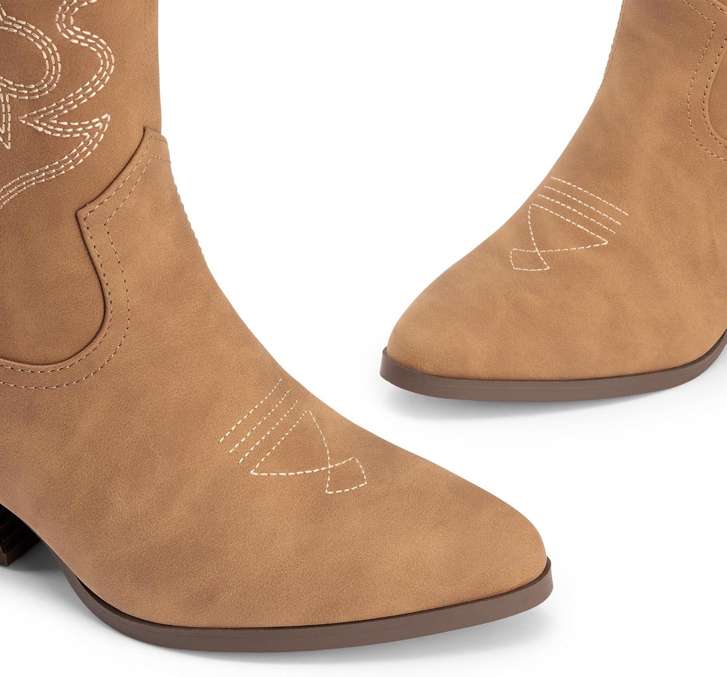 imageDREAM PAIRS Womens Cowboy Cowgirl Boots Embroidered Stitched Short Western Boots Low Chunky Heel Pointed Toe Ankle BootiesTan