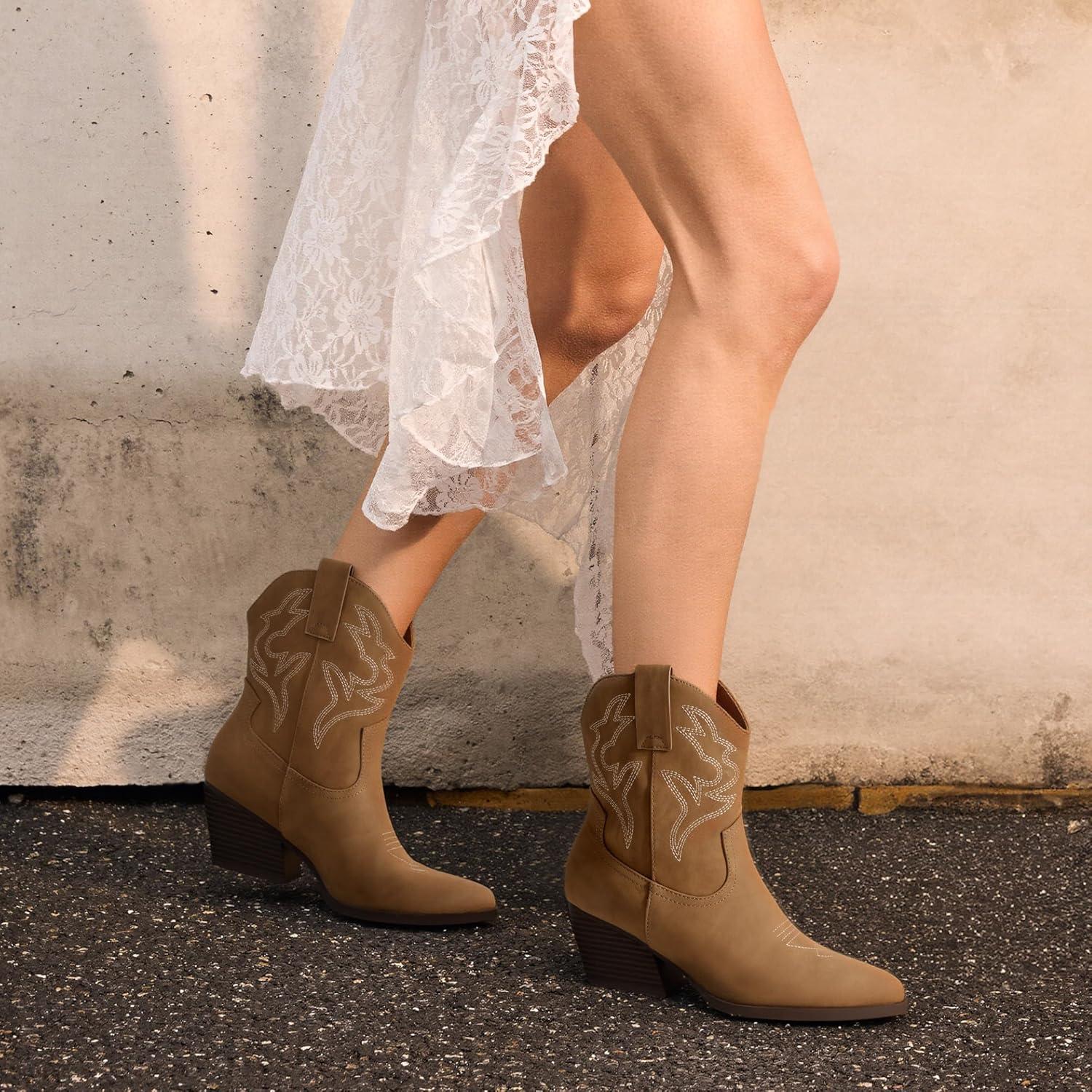 imageDREAM PAIRS Womens Cowboy Cowgirl Boots Embroidered Stitched Short Western Boots Low Chunky Heel Pointed Toe Ankle BootiesTan