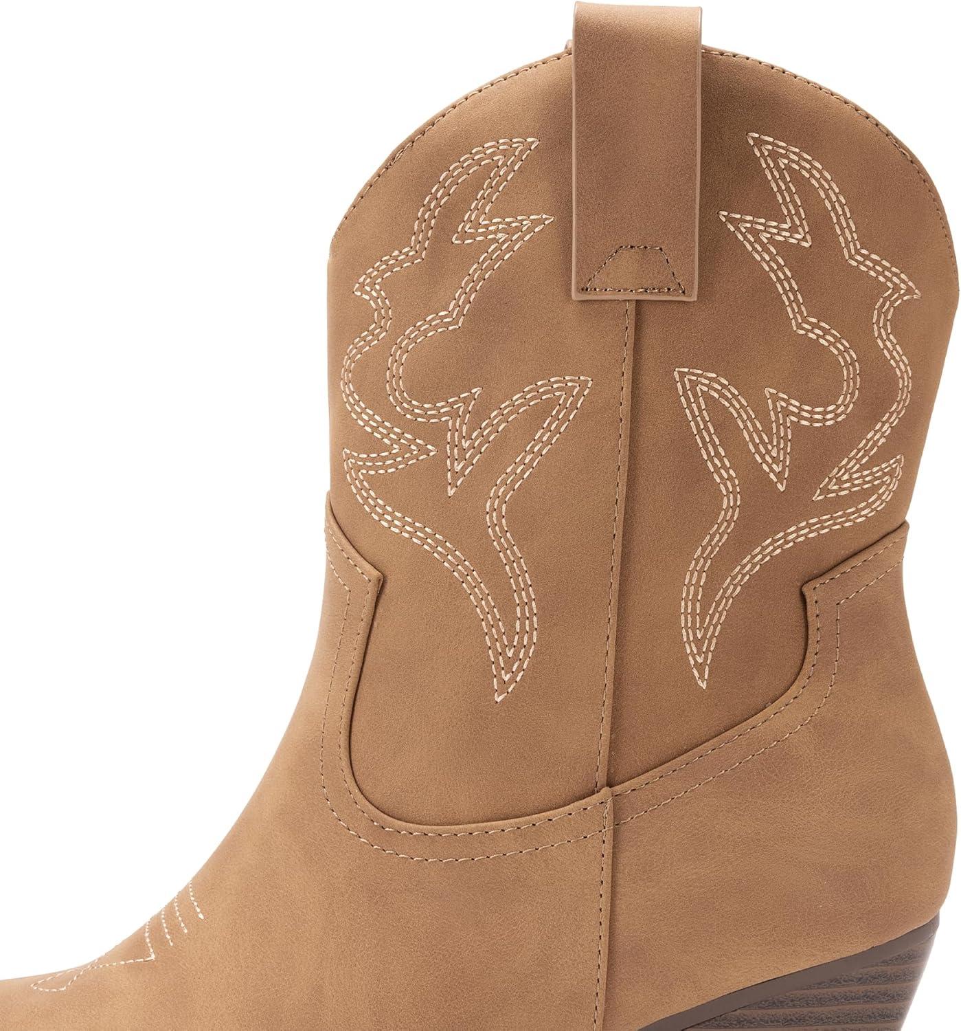 imageDREAM PAIRS Womens Cowboy Cowgirl Boots Embroidered Stitched Short Western Boots Low Chunky Heel Pointed Toe Ankle BootiesTan
