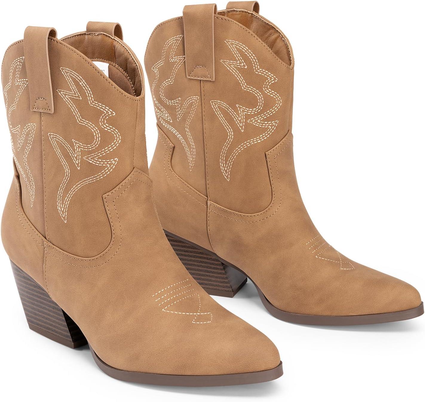 imageDREAM PAIRS Womens Cowboy Cowgirl Boots Embroidered Stitched Short Western Boots Low Chunky Heel Pointed Toe Ankle BootiesTan