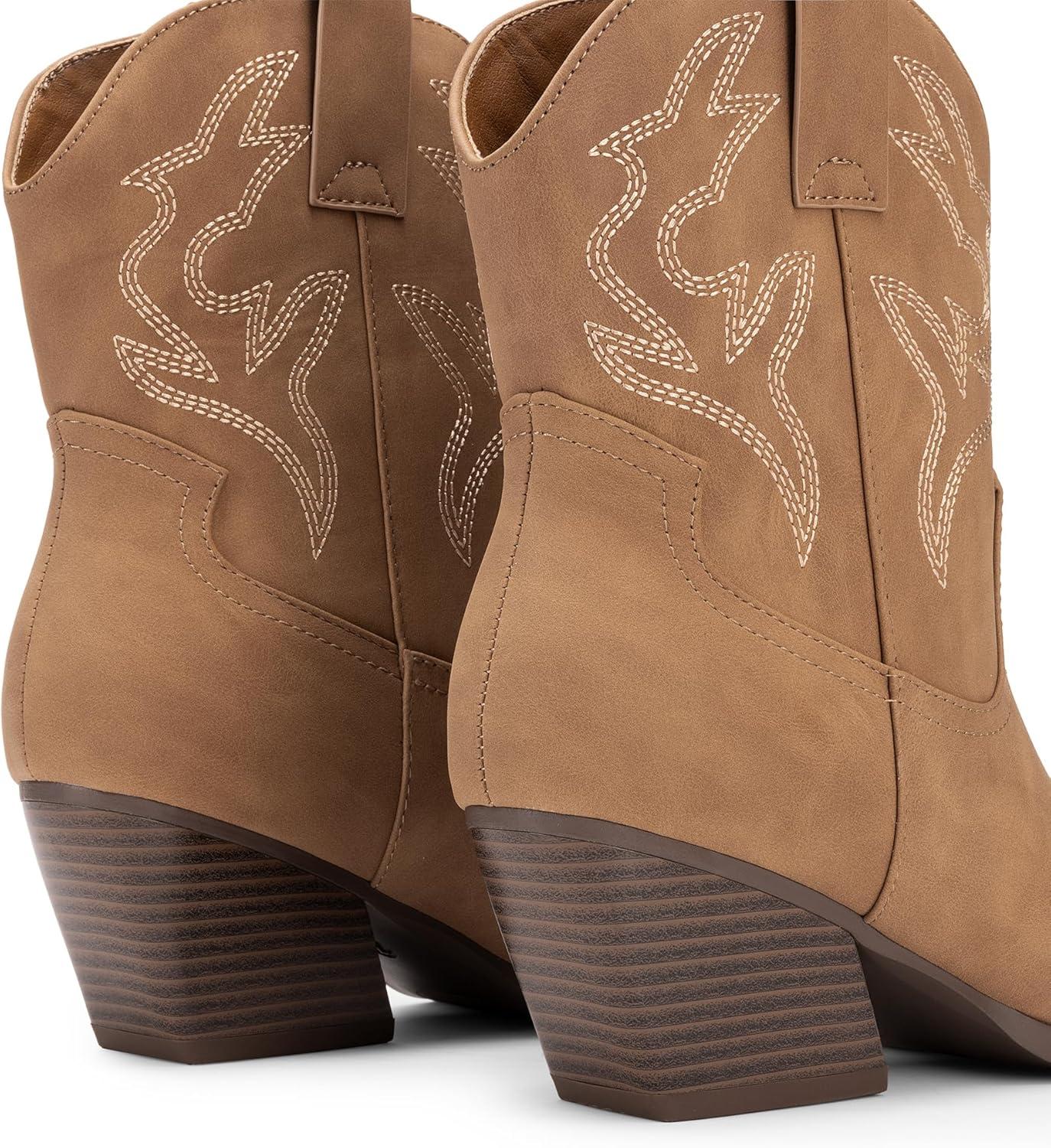 imageDREAM PAIRS Womens Cowboy Cowgirl Boots Embroidered Stitched Short Western Boots Low Chunky Heel Pointed Toe Ankle BootiesTan