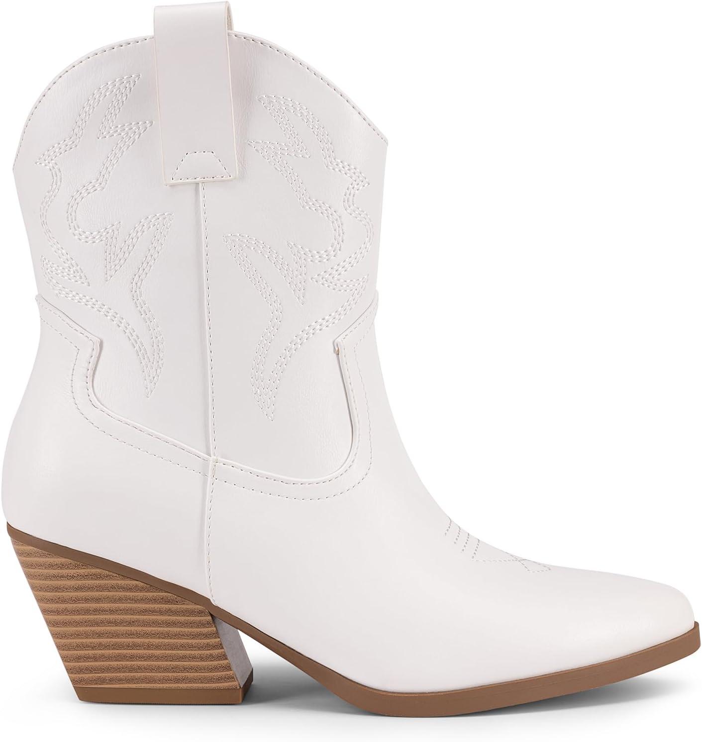 imageDREAM PAIRS Womens Cowboy Cowgirl Boots Embroidered Stitched Short Western Boots Low Chunky Heel Pointed Toe Ankle BootiesWhite