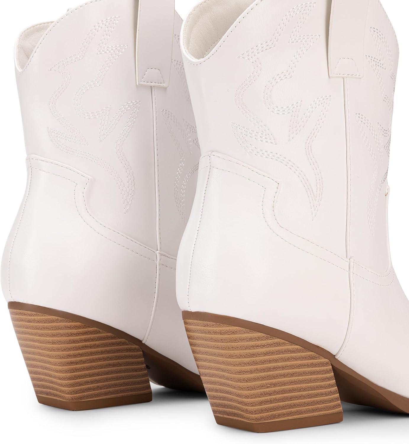 imageDREAM PAIRS Womens Cowboy Cowgirl Boots Embroidered Stitched Short Western Boots Low Chunky Heel Pointed Toe Ankle BootiesWhite