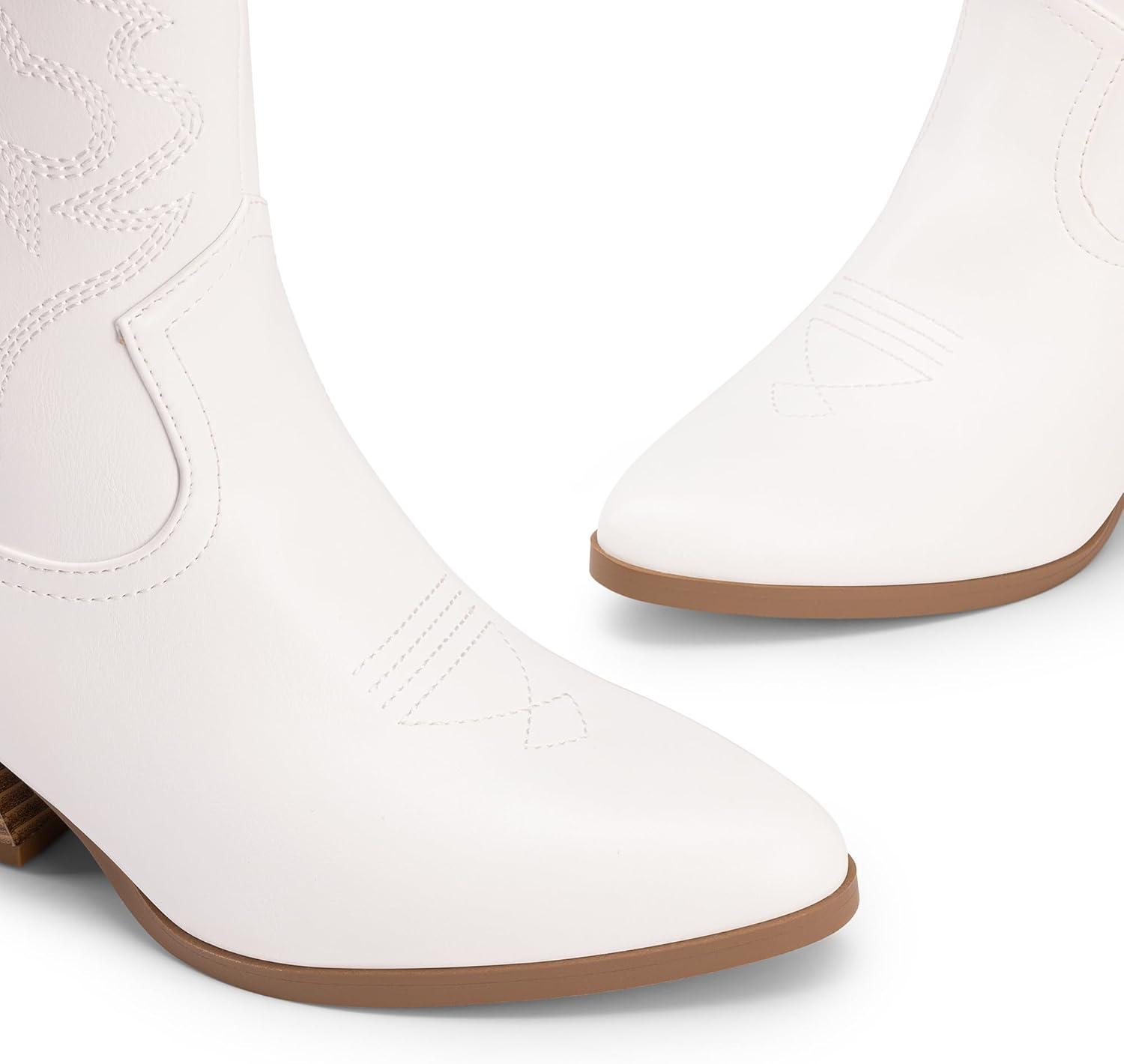 imageDREAM PAIRS Womens Cowboy Cowgirl Boots Embroidered Stitched Short Western Boots Low Chunky Heel Pointed Toe Ankle BootiesWhite