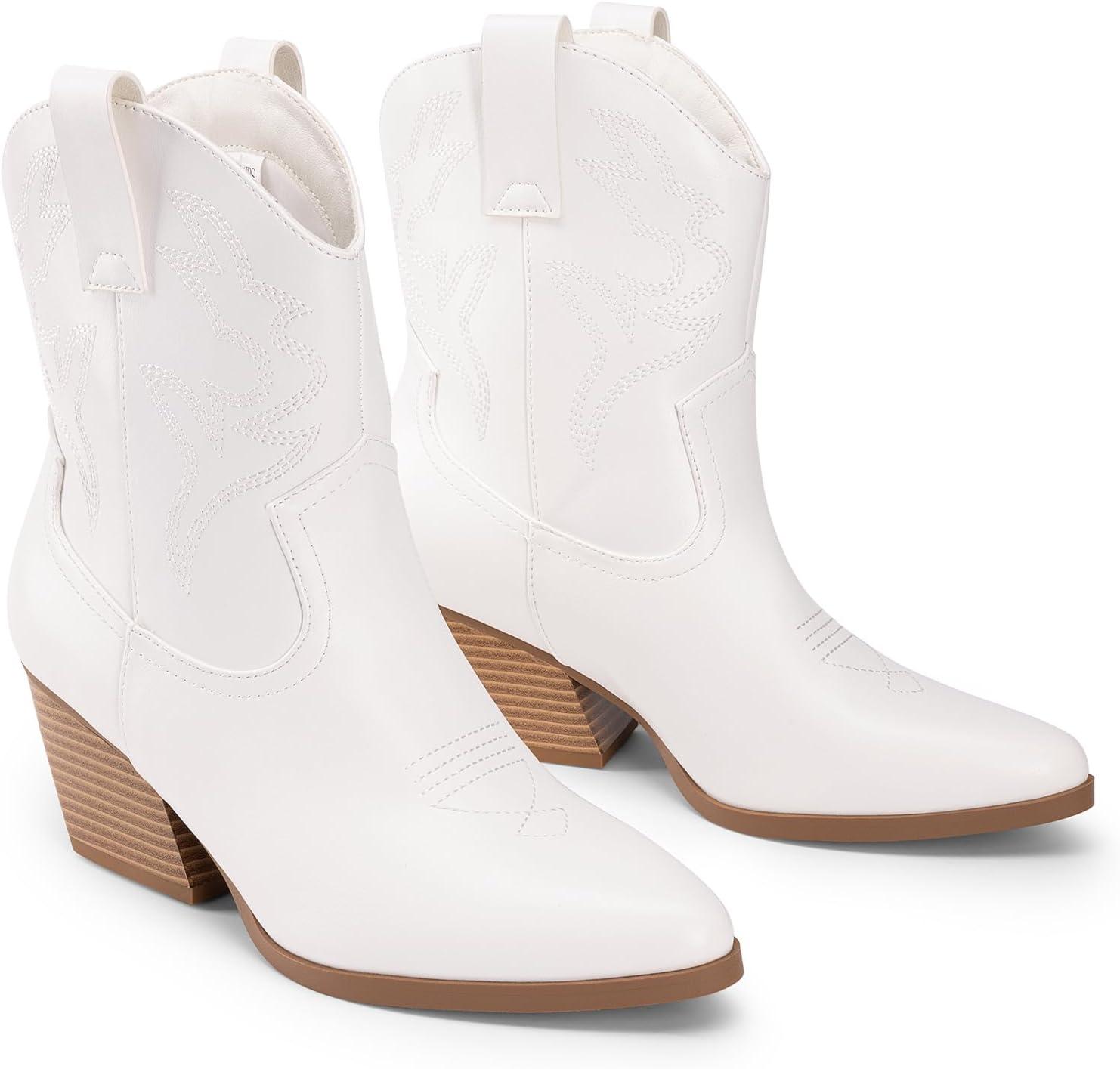 imageDREAM PAIRS Womens Cowboy Cowgirl Boots Embroidered Stitched Short Western Boots Low Chunky Heel Pointed Toe Ankle BootiesWhite