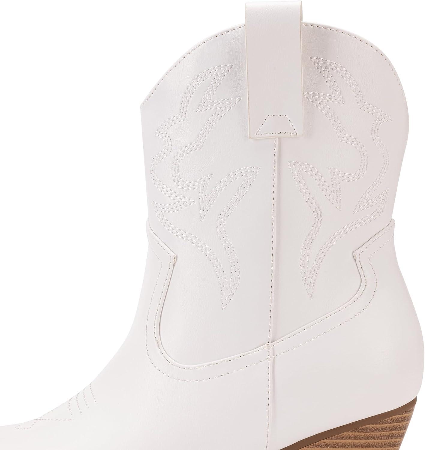 imageDREAM PAIRS Womens Cowboy Cowgirl Boots Embroidered Stitched Short Western Boots Low Chunky Heel Pointed Toe Ankle BootiesWhite