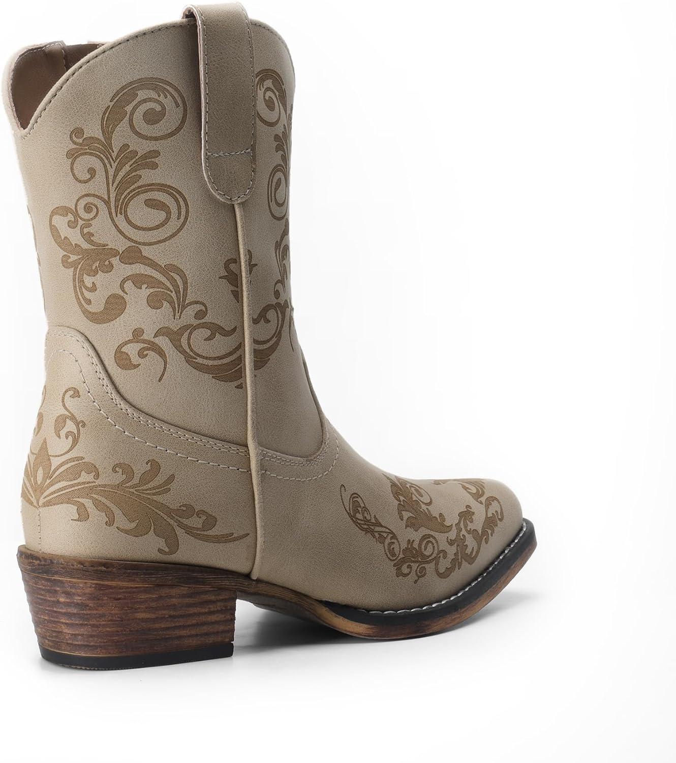 imageDREAM PAIRS Womens Cowboy Cowgirl Western Ankle Boots Low Chunky Heels Square Toe Fall Short Booties ShoesBeige