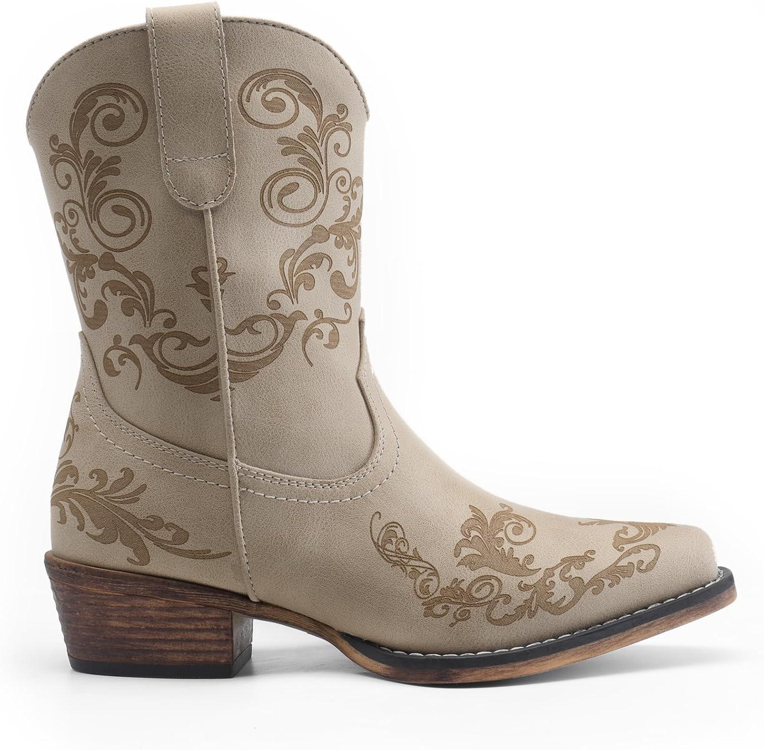 imageDREAM PAIRS Womens Cowboy Cowgirl Western Ankle Boots Low Chunky Heels Square Toe Fall Short Booties ShoesBeige