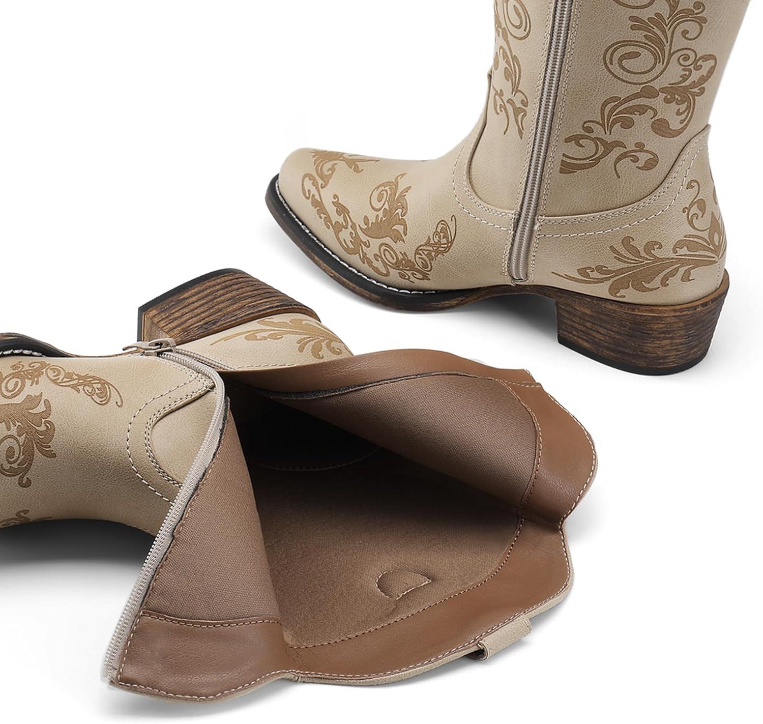 imageDREAM PAIRS Womens Cowboy Cowgirl Western Ankle Boots Low Chunky Heels Square Toe Fall Short Booties ShoesBeige