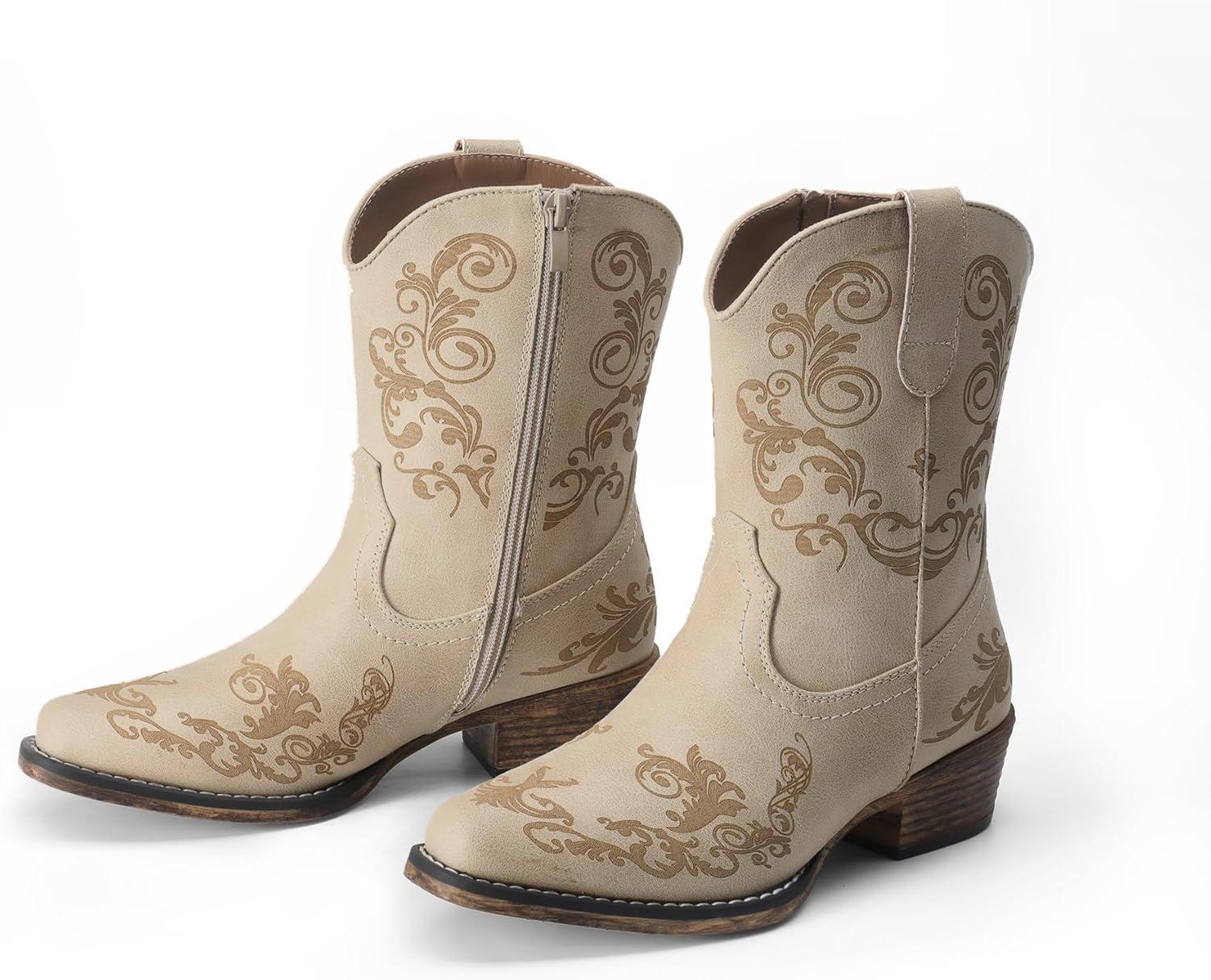 imageDREAM PAIRS Womens Cowboy Cowgirl Western Ankle Boots Low Chunky Heels Square Toe Fall Short Booties ShoesBeige