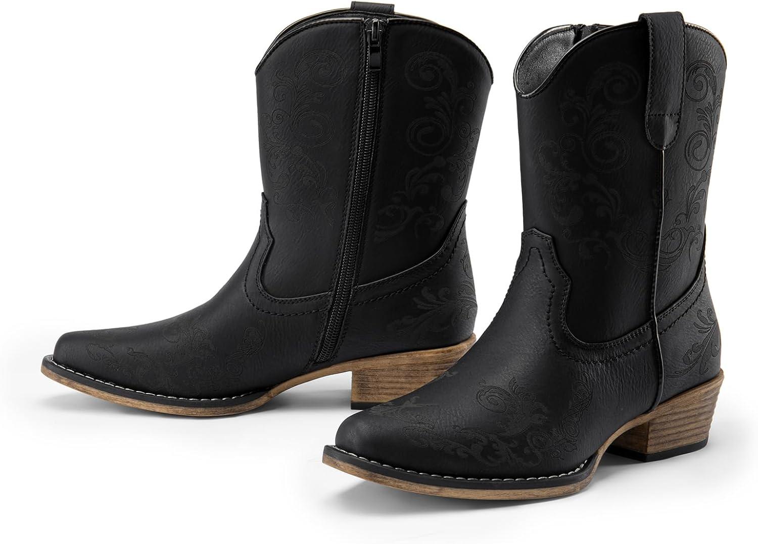 imageDREAM PAIRS Womens Cowboy Cowgirl Western Ankle Boots Low Chunky Heels Square Toe Fall Short Booties ShoesBlack