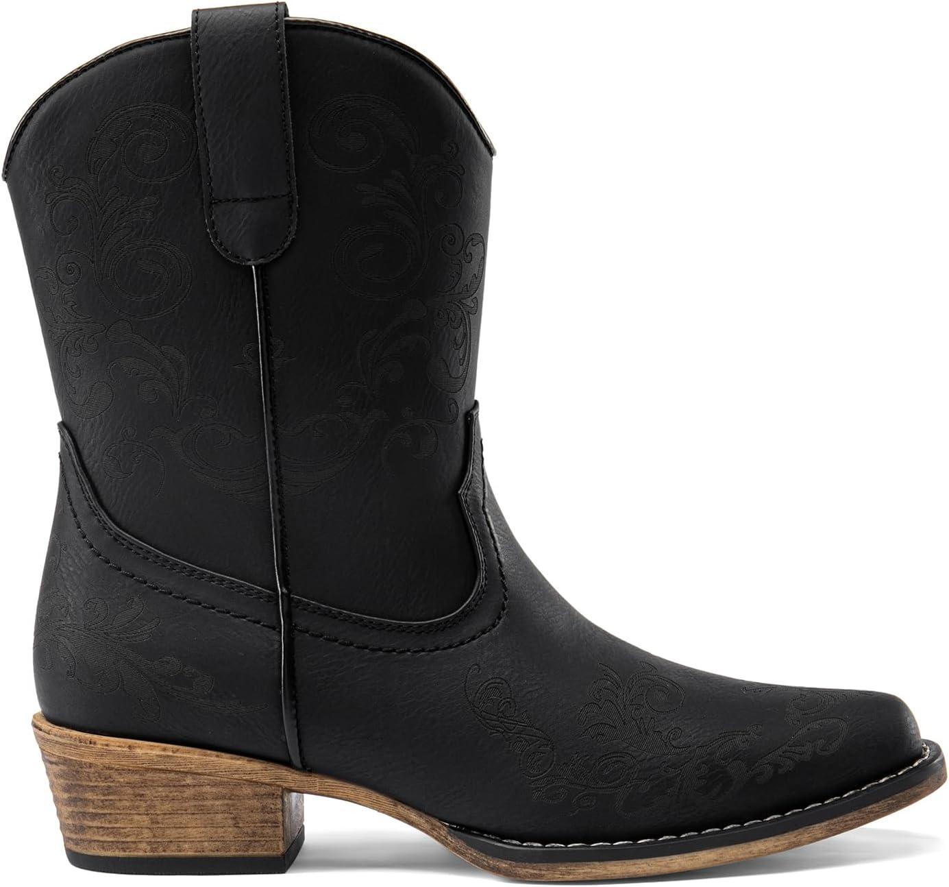 imageDREAM PAIRS Womens Cowboy Cowgirl Western Ankle Boots Low Chunky Heels Square Toe Fall Short Booties ShoesBlack