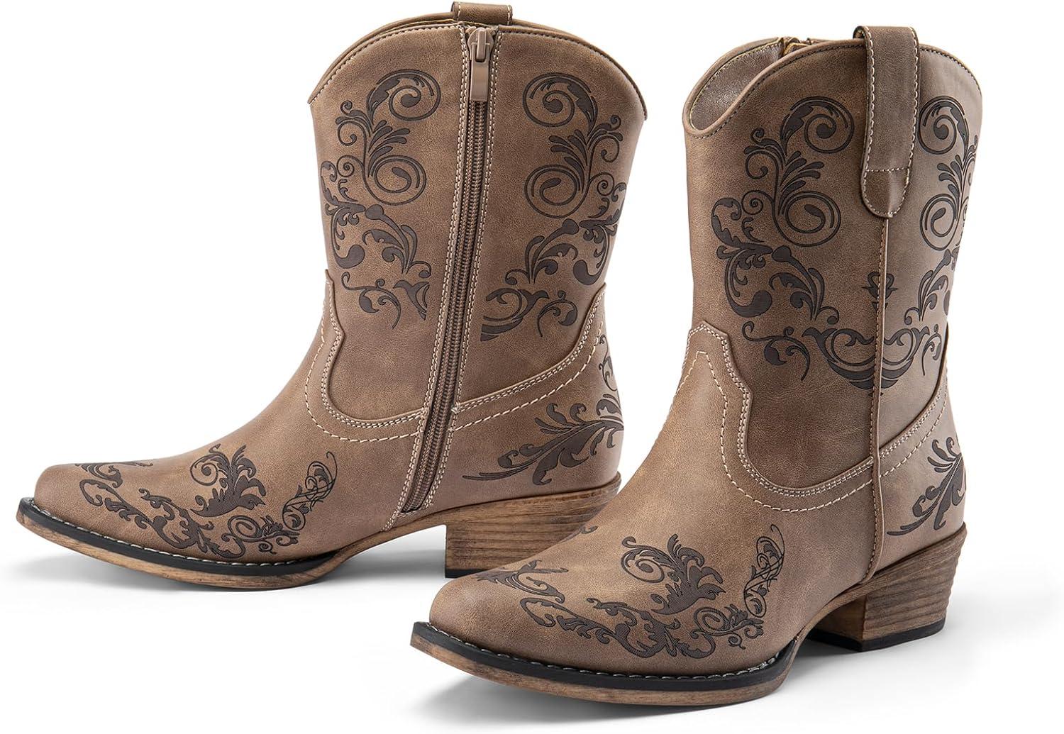 imageDREAM PAIRS Womens Cowboy Cowgirl Western Ankle Boots Low Chunky Heels Square Toe Fall Short Booties ShoesBrown