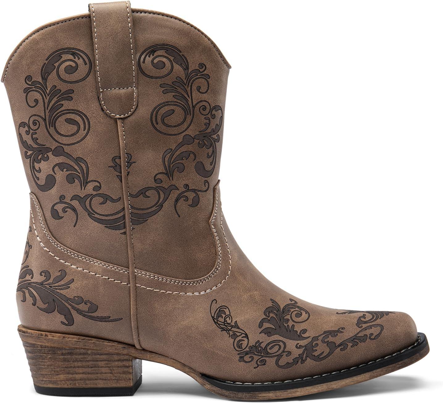 imageDREAM PAIRS Womens Cowboy Cowgirl Western Ankle Boots Low Chunky Heels Square Toe Fall Short Booties ShoesBrown