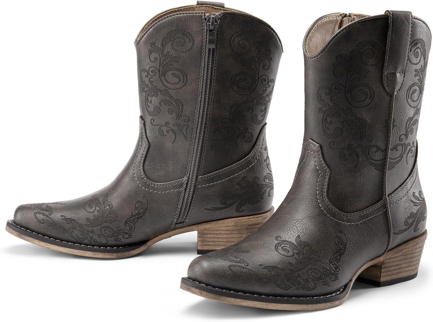 imageDREAM PAIRS Womens Cowboy Cowgirl Western Ankle Boots Low Chunky Heels Square Toe Fall Short Booties ShoesGrey