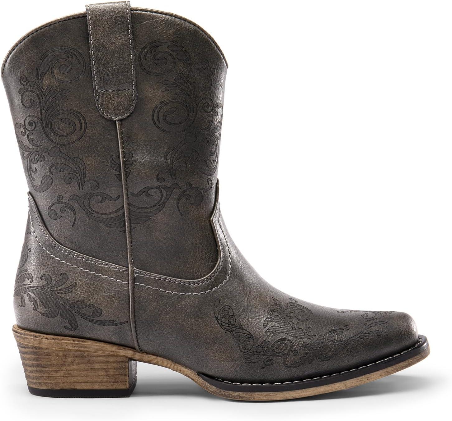 imageDREAM PAIRS Womens Cowboy Cowgirl Western Ankle Boots Low Chunky Heels Square Toe Fall Short Booties ShoesGrey