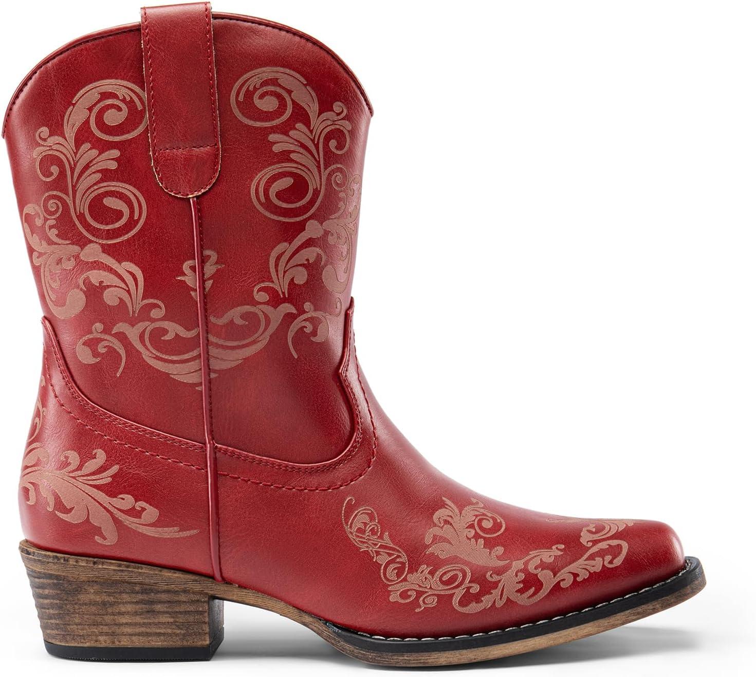 imageDREAM PAIRS Womens Cowboy Cowgirl Western Ankle Boots Low Chunky Heels Square Toe Fall Short Booties ShoesRed