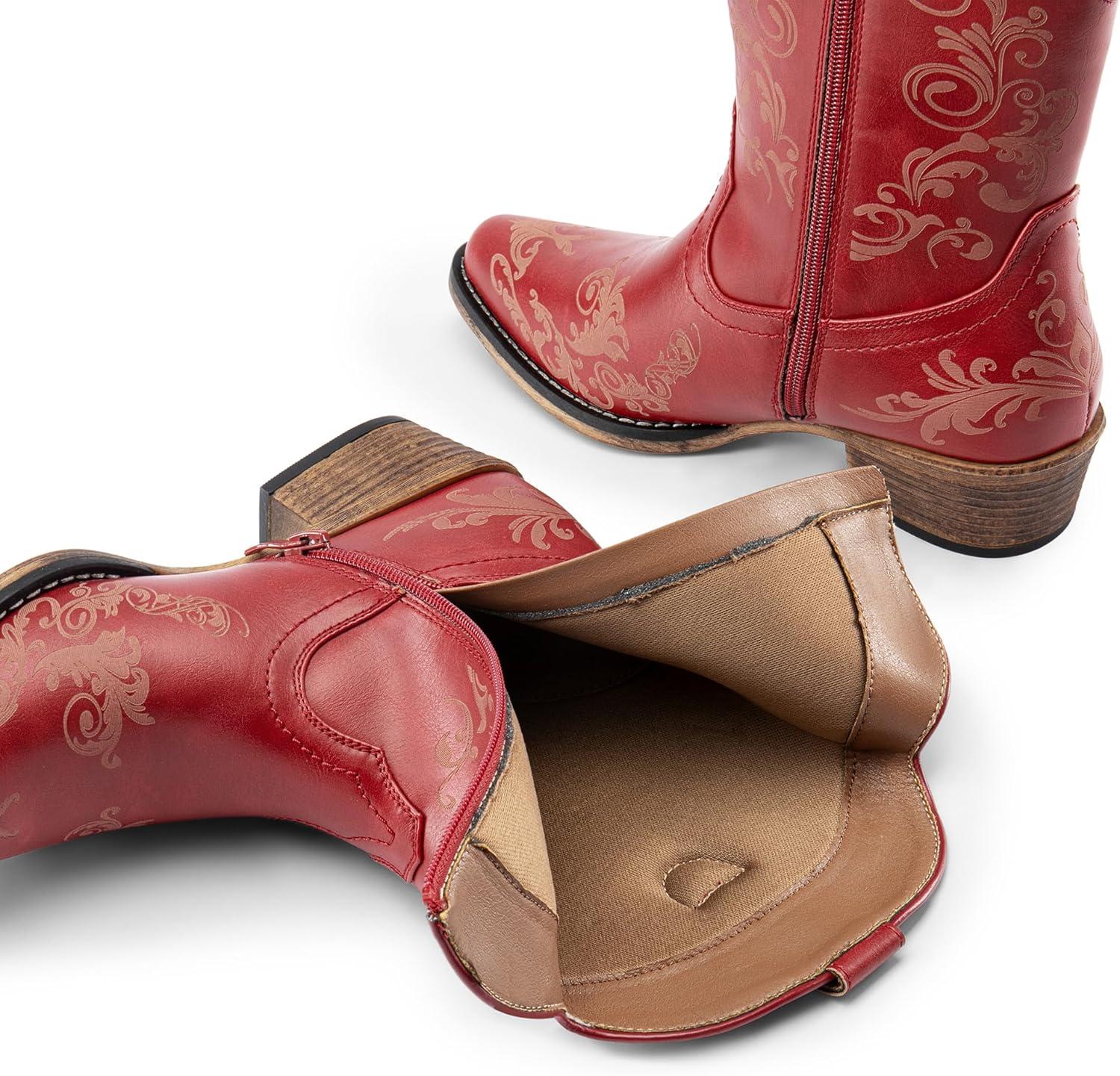 imageDREAM PAIRS Womens Cowboy Cowgirl Western Ankle Boots Low Chunky Heels Square Toe Fall Short Booties ShoesRed