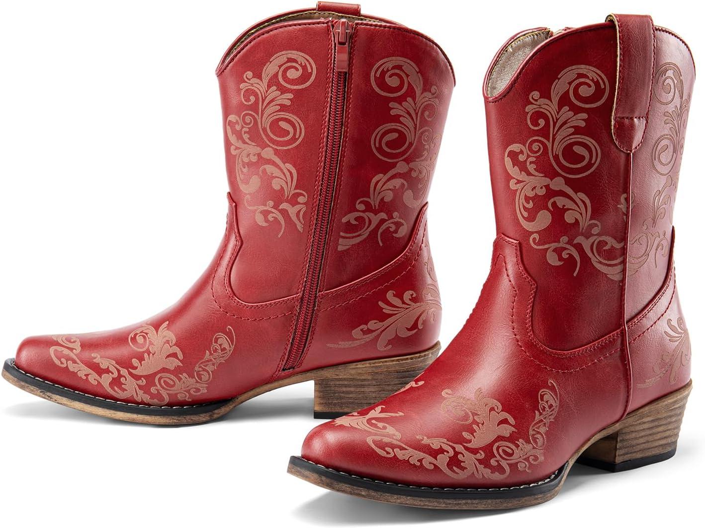 imageDREAM PAIRS Womens Cowboy Cowgirl Western Ankle Boots Low Chunky Heels Square Toe Fall Short Booties ShoesRed