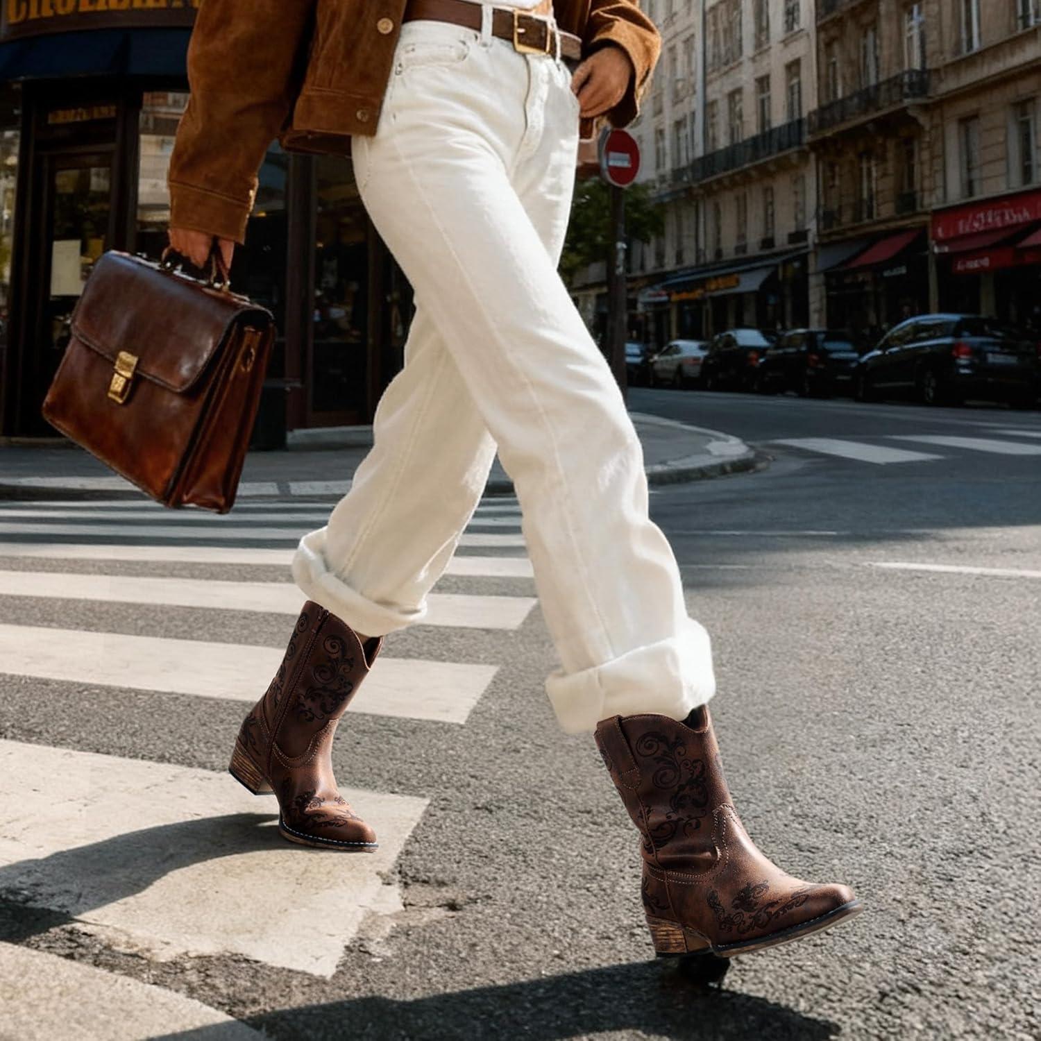 imageDREAM PAIRS Womens Cowboy Cowgirl Western Ankle Boots Low Chunky Heels Square Toe Fall Short Booties ShoesTan