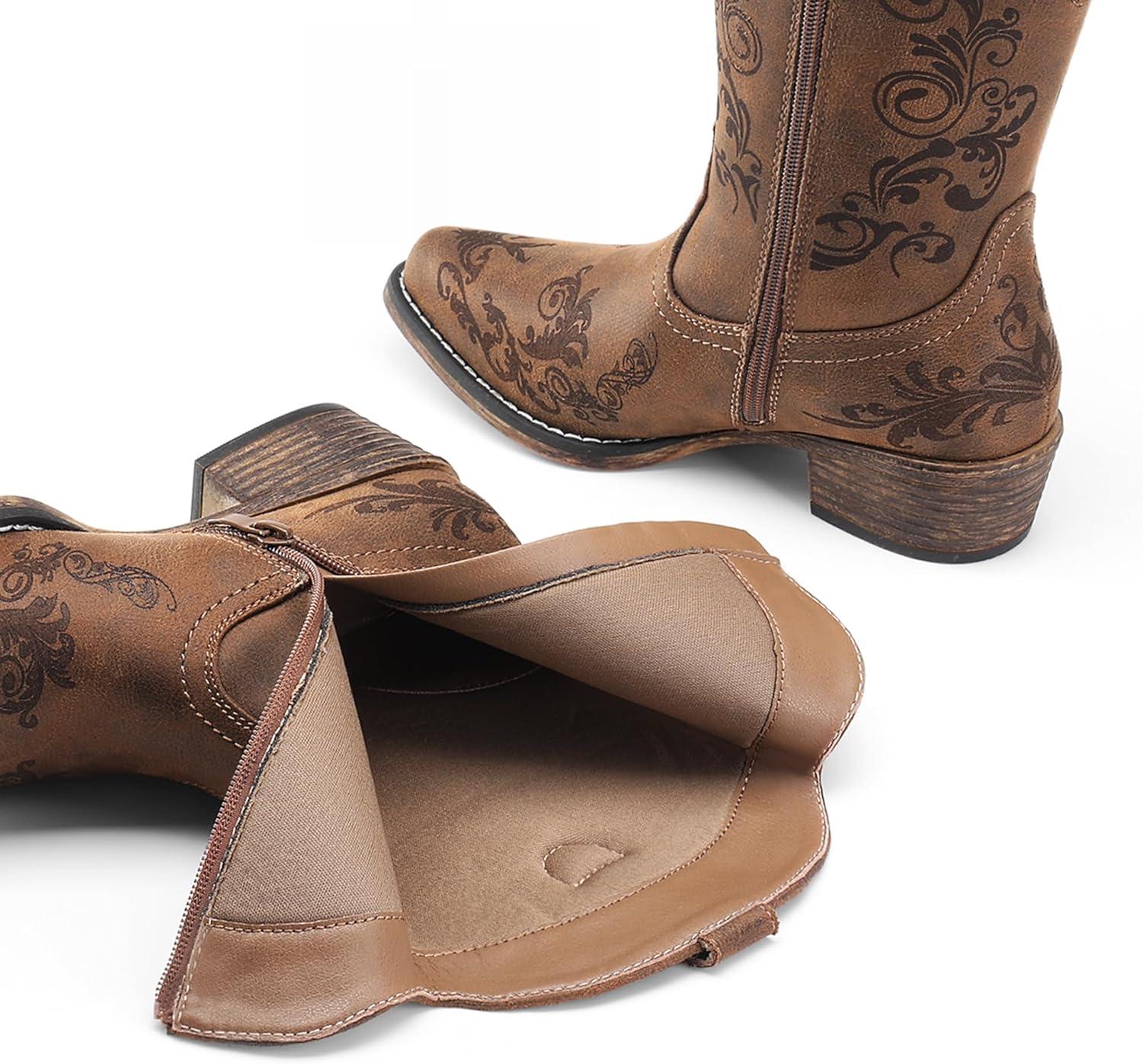 imageDREAM PAIRS Womens Cowboy Cowgirl Western Ankle Boots Low Chunky Heels Square Toe Fall Short Booties ShoesTan