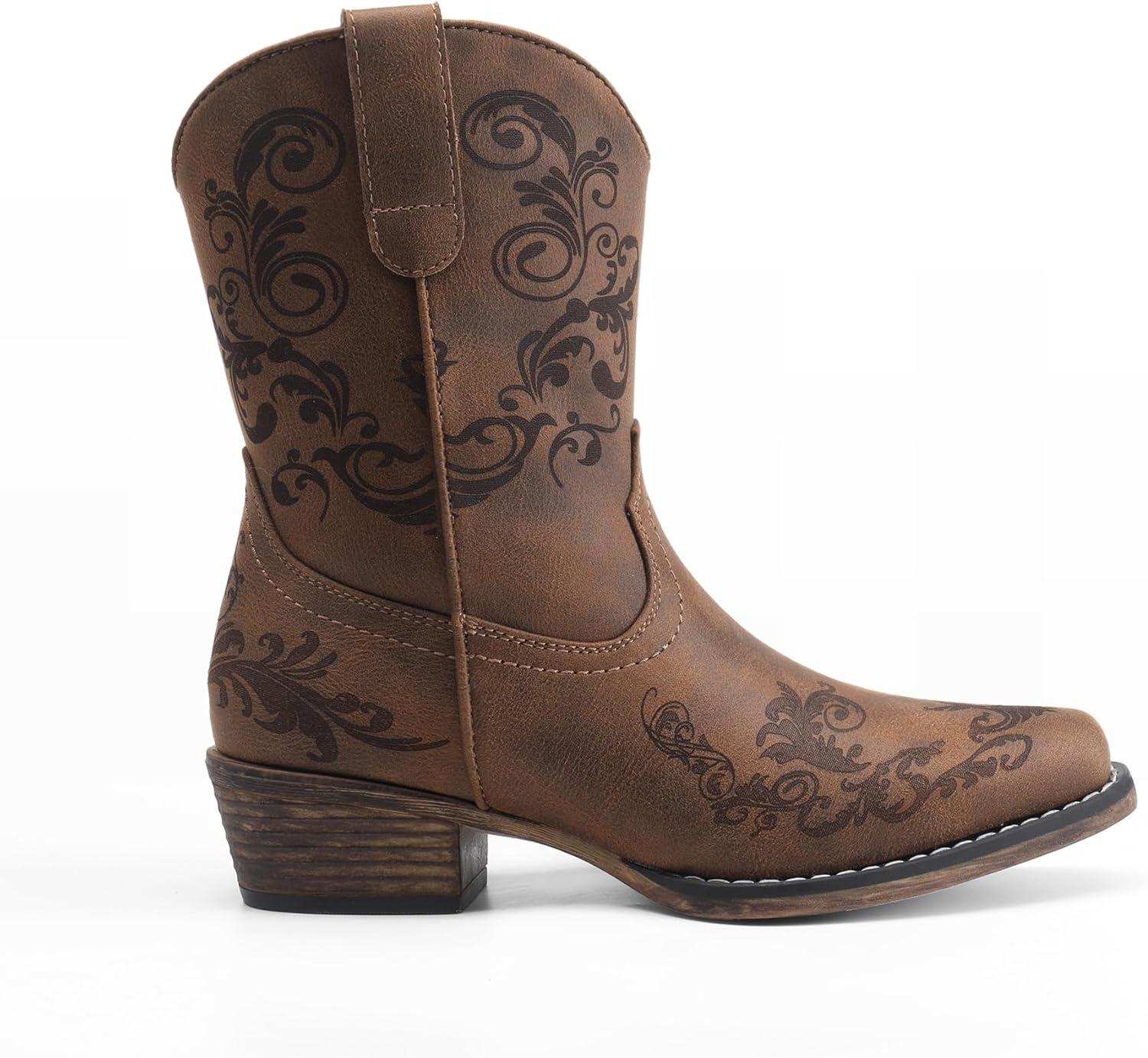 imageDREAM PAIRS Womens Cowboy Cowgirl Western Ankle Boots Low Chunky Heels Square Toe Fall Short Booties ShoesTan