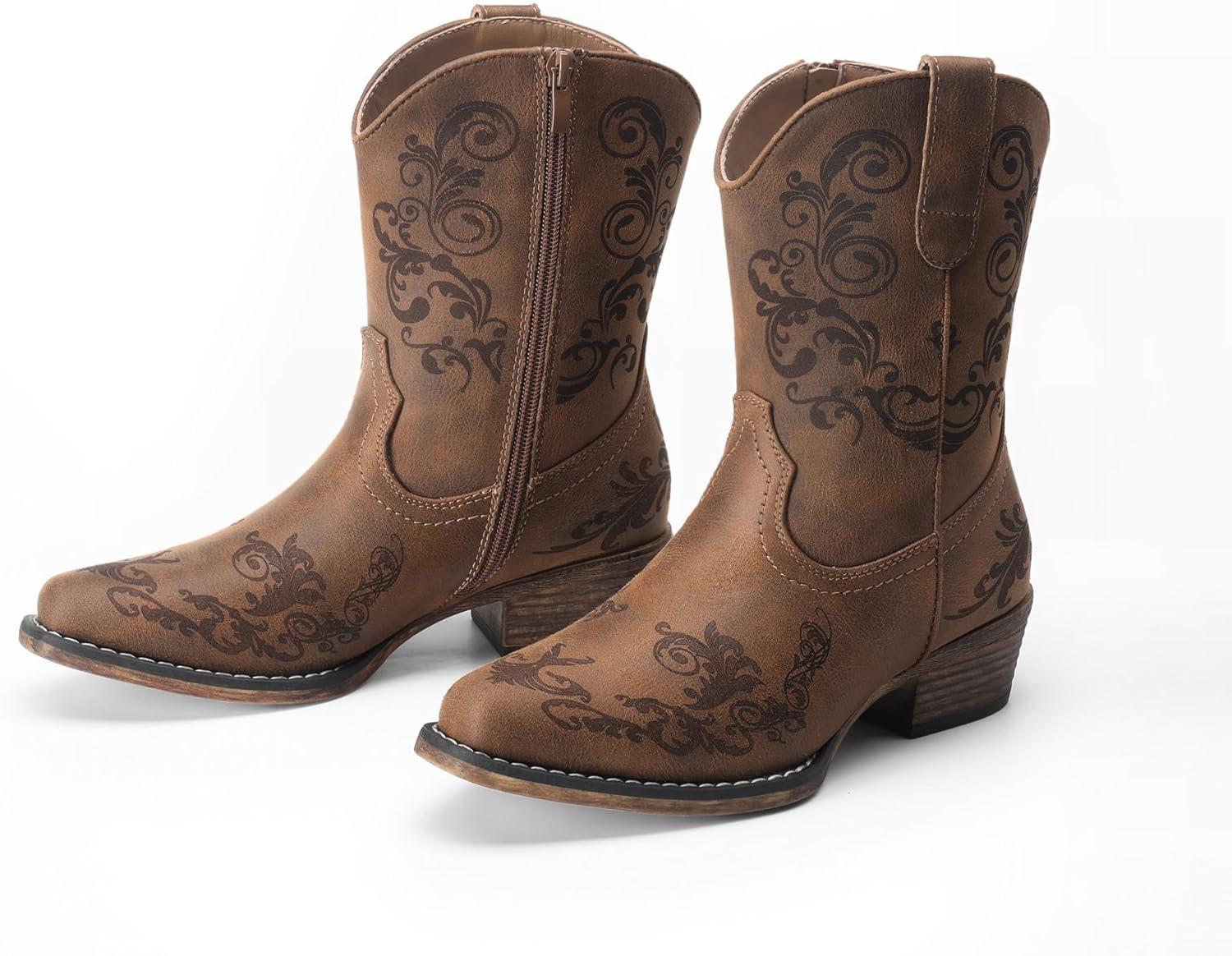 imageDREAM PAIRS Womens Cowboy Cowgirl Western Ankle Boots Low Chunky Heels Square Toe Fall Short Booties ShoesTan