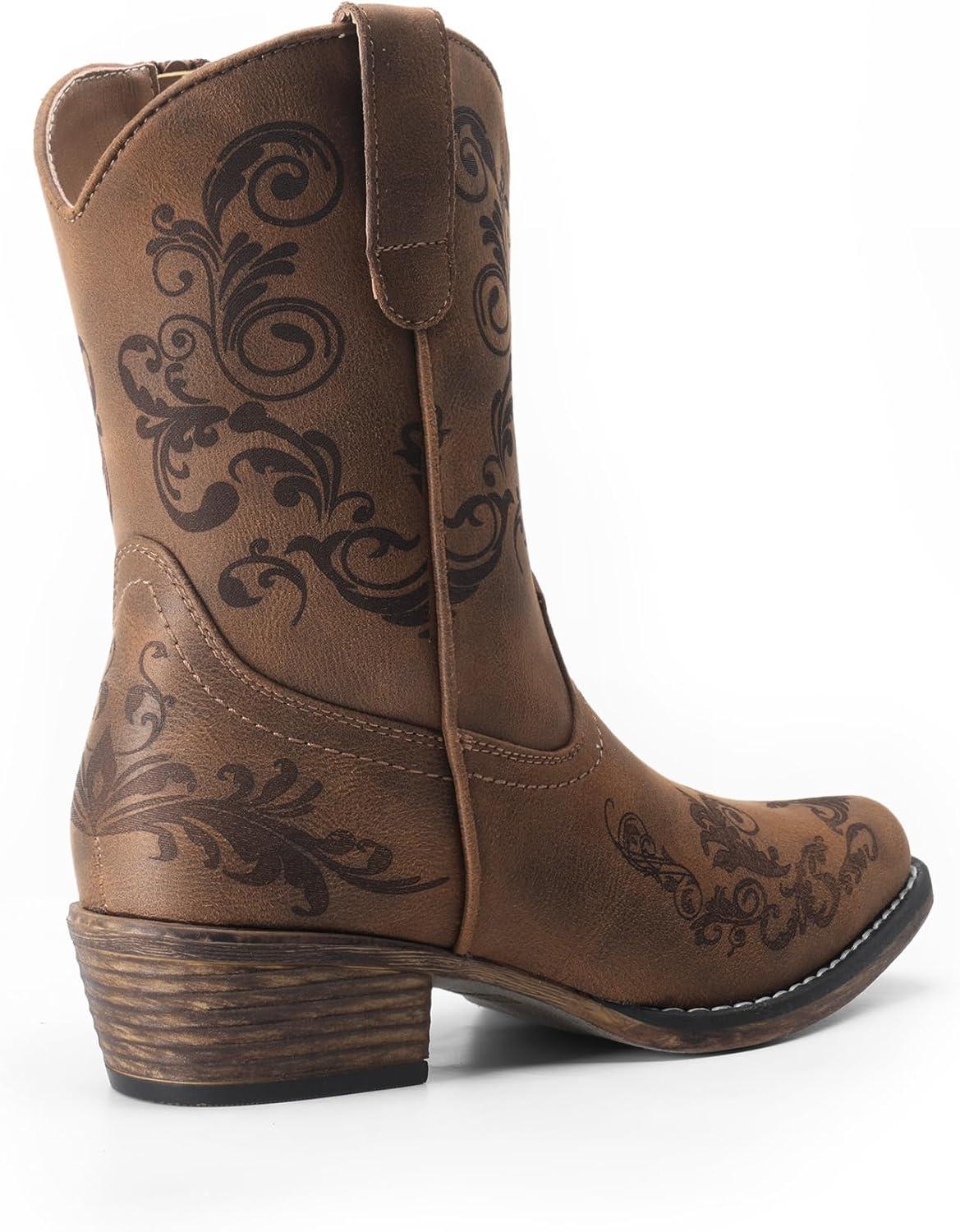 imageDREAM PAIRS Womens Cowboy Cowgirl Western Ankle Boots Low Chunky Heels Square Toe Fall Short Booties ShoesTan