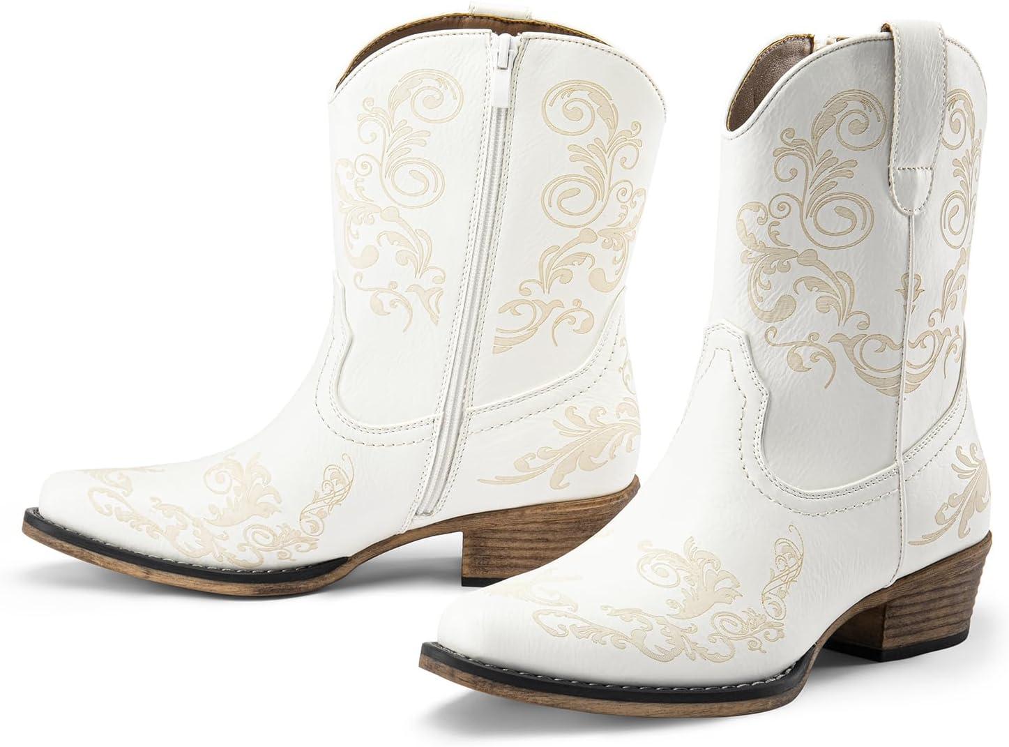 imageDREAM PAIRS Womens Cowboy Cowgirl Western Ankle Boots Low Chunky Heels Square Toe Fall Short Booties ShoesWhite