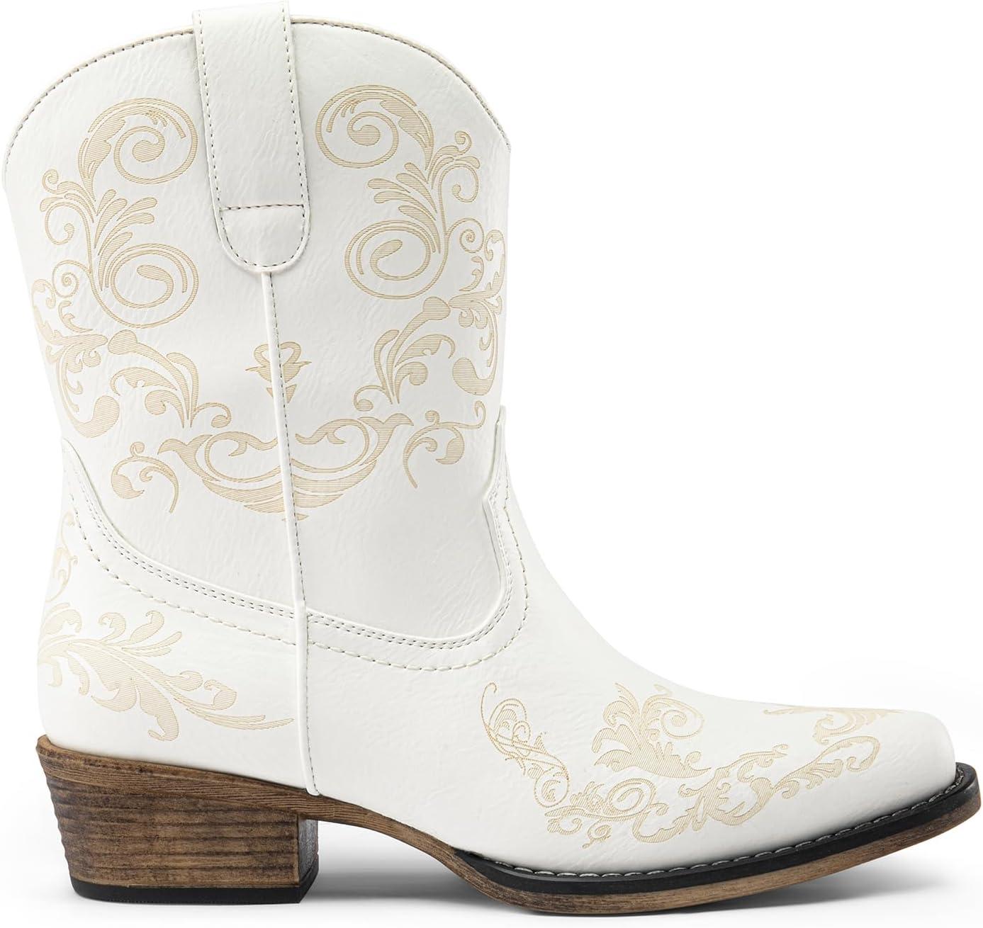 imageDREAM PAIRS Womens Cowboy Cowgirl Western Ankle Boots Low Chunky Heels Square Toe Fall Short Booties ShoesWhite