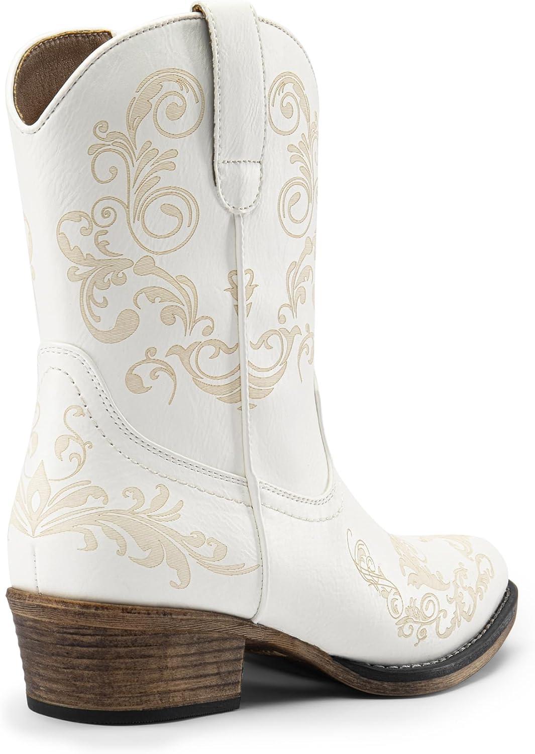 imageDREAM PAIRS Womens Cowboy Cowgirl Western Ankle Boots Low Chunky Heels Square Toe Fall Short Booties ShoesWhite