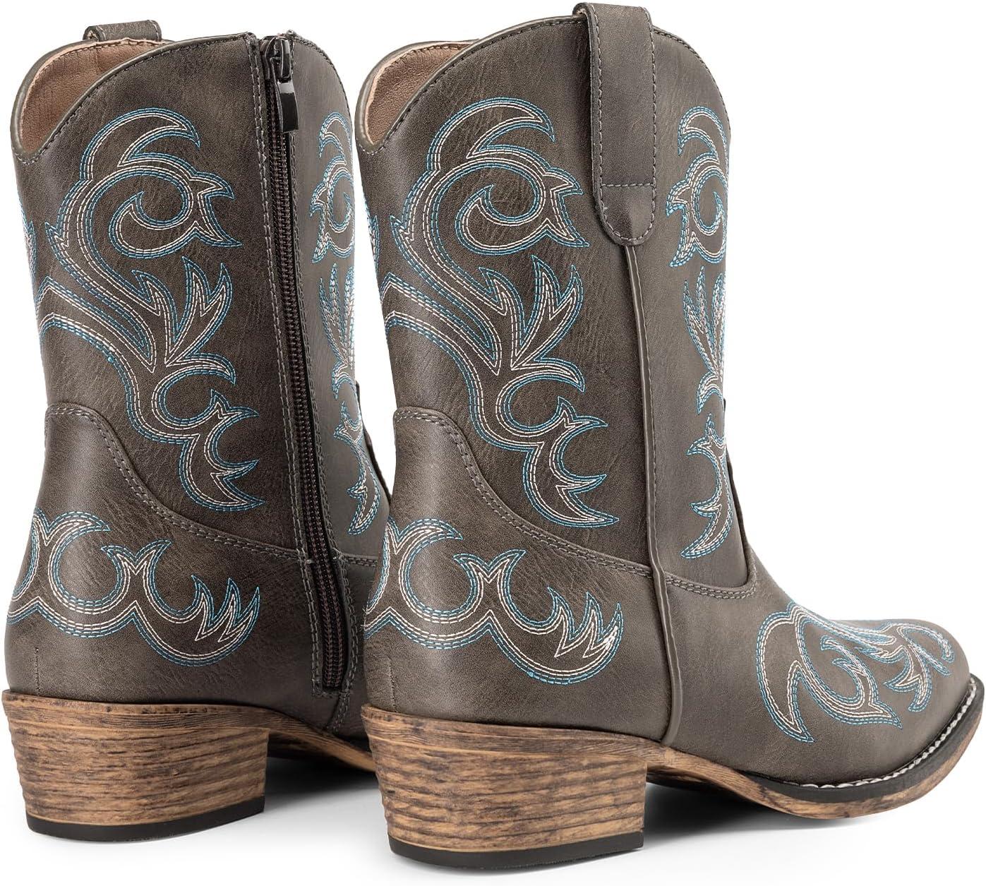 imageDREAM PAIRS Womens Cowboy Cowgirl Western Boots Embroidered Stitched Ankle Boots Square Toe Chunky Heel Fashion Short Booties with ZipperBrown