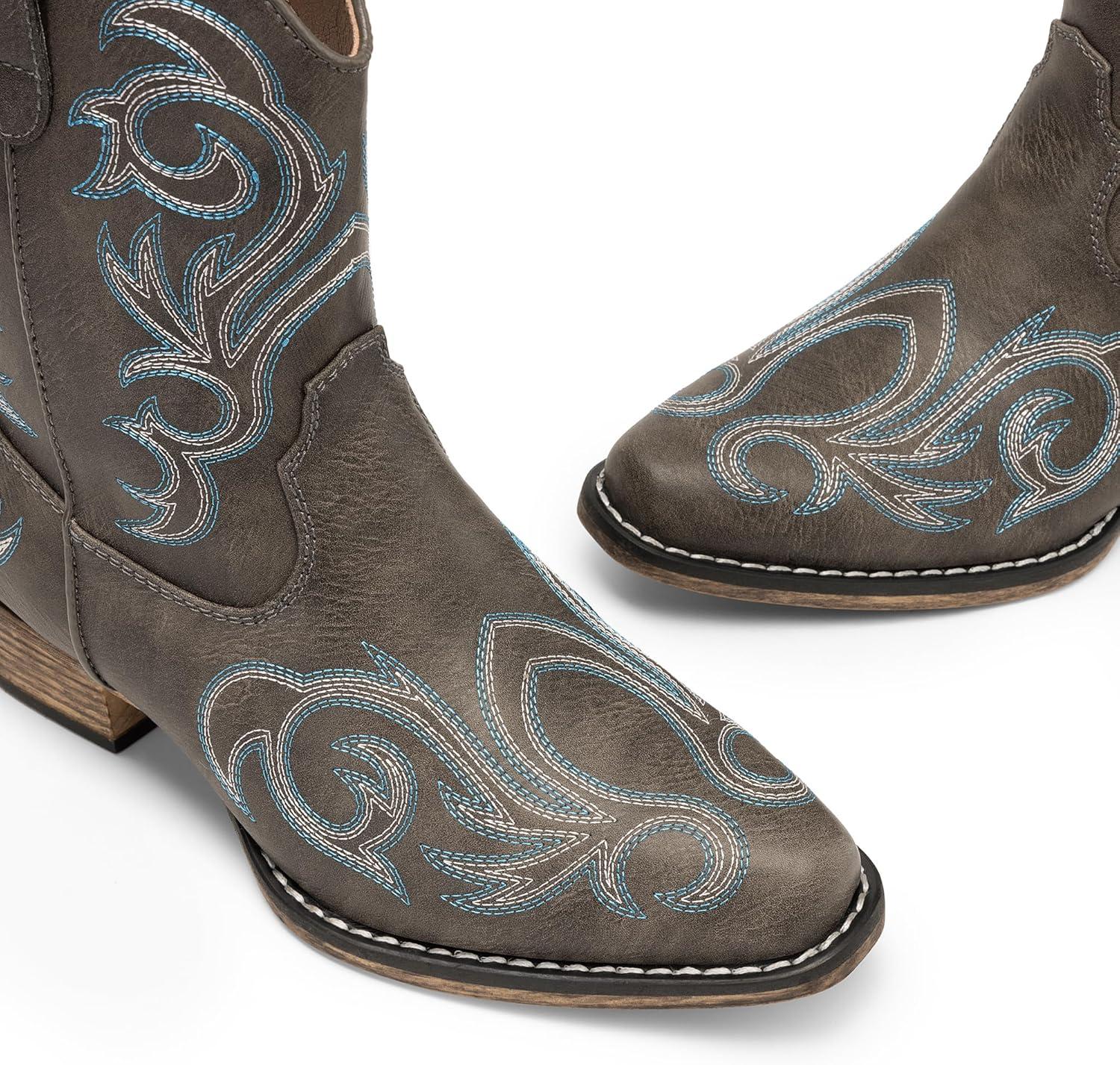 imageDREAM PAIRS Womens Cowboy Cowgirl Western Boots Embroidered Stitched Ankle Boots Square Toe Chunky Heel Fashion Short Booties with ZipperBrown