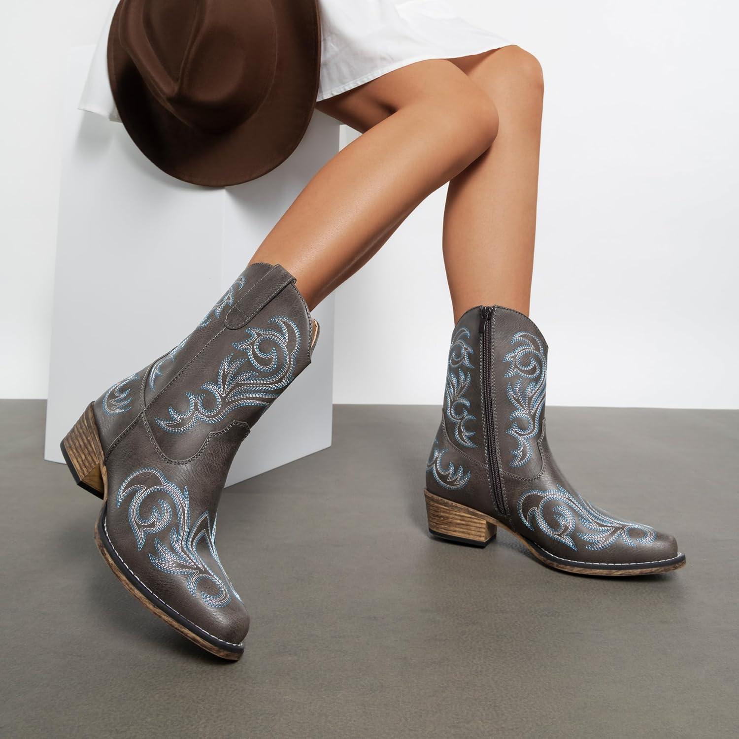 imageDREAM PAIRS Womens Cowboy Cowgirl Western Boots Embroidered Stitched Ankle Boots Square Toe Chunky Heel Fashion Short Booties with ZipperBrown