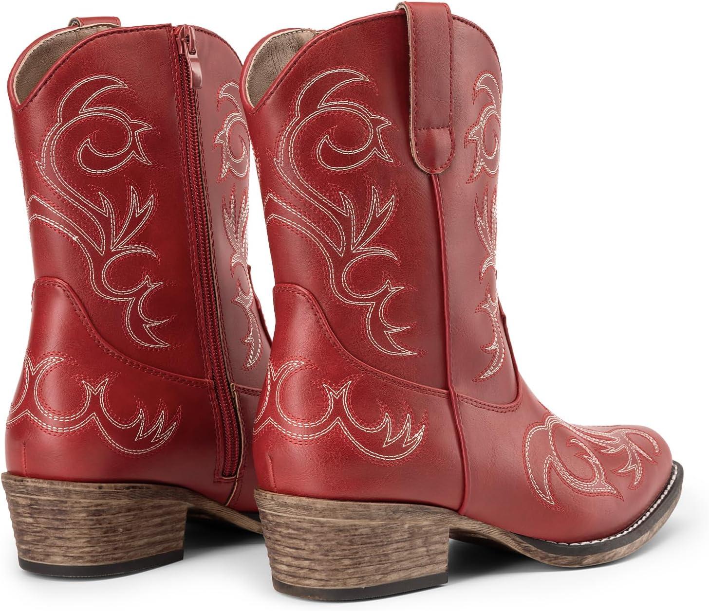 imageDREAM PAIRS Womens Cowboy Cowgirl Western Boots Embroidered Stitched Ankle Boots Square Toe Chunky Heel Fashion Short Booties with ZipperRed